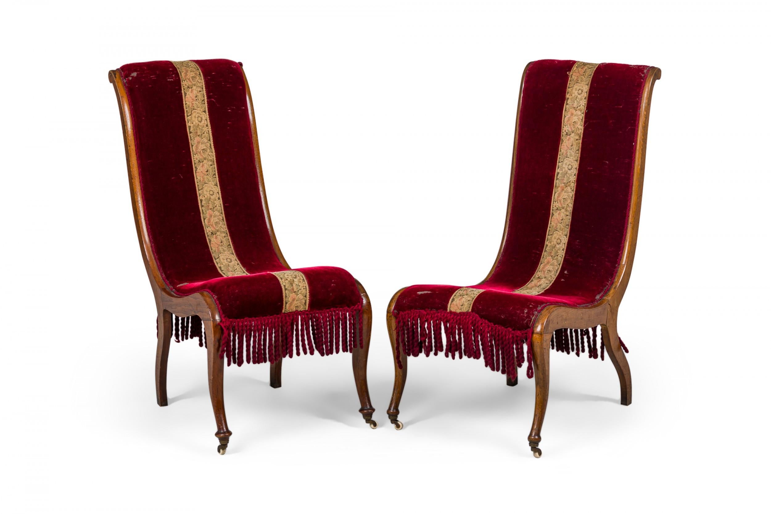 Pair of English Red Velvet and Tapestry Oak Frame Fringed Slipper Chairs 3