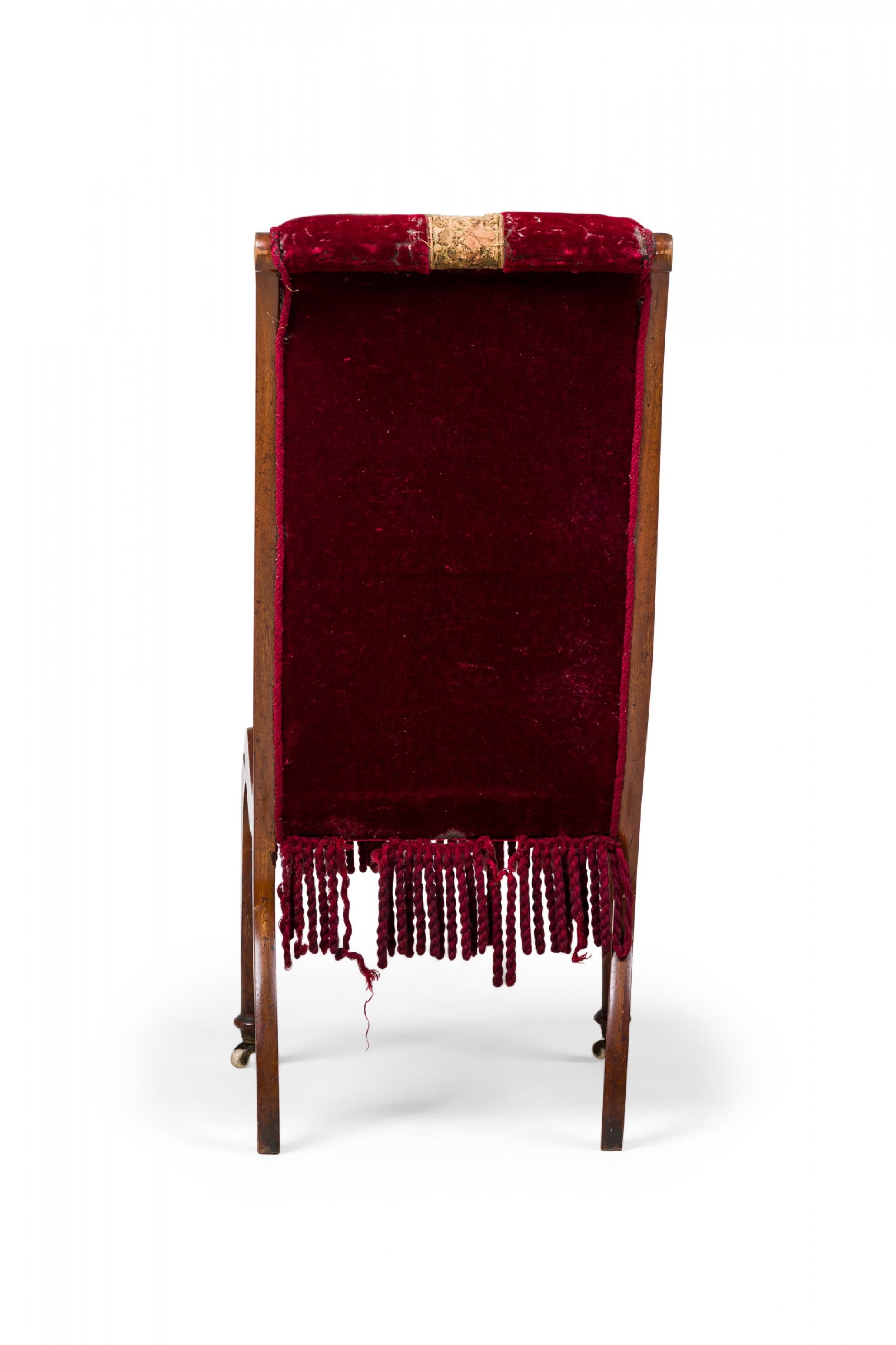 Pair of English Red Velvet and Tapestry Oak Frame Fringed Slipper Chairs 4