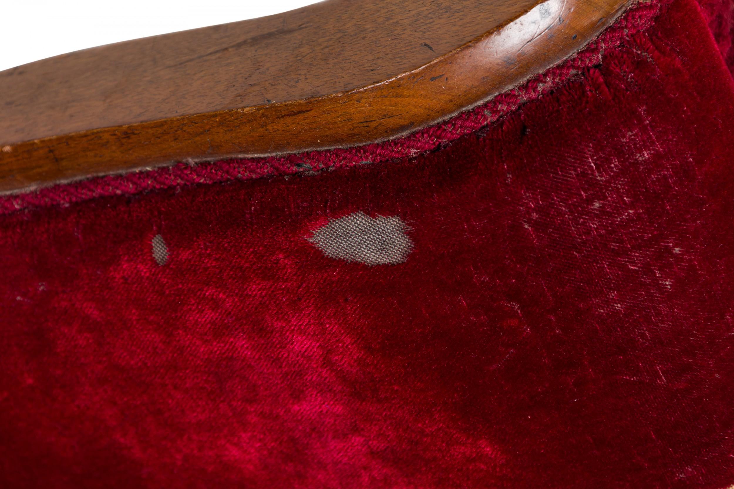 Pair of English Red Velvet and Tapestry Oak Frame Fringed Slipper Chairs 6