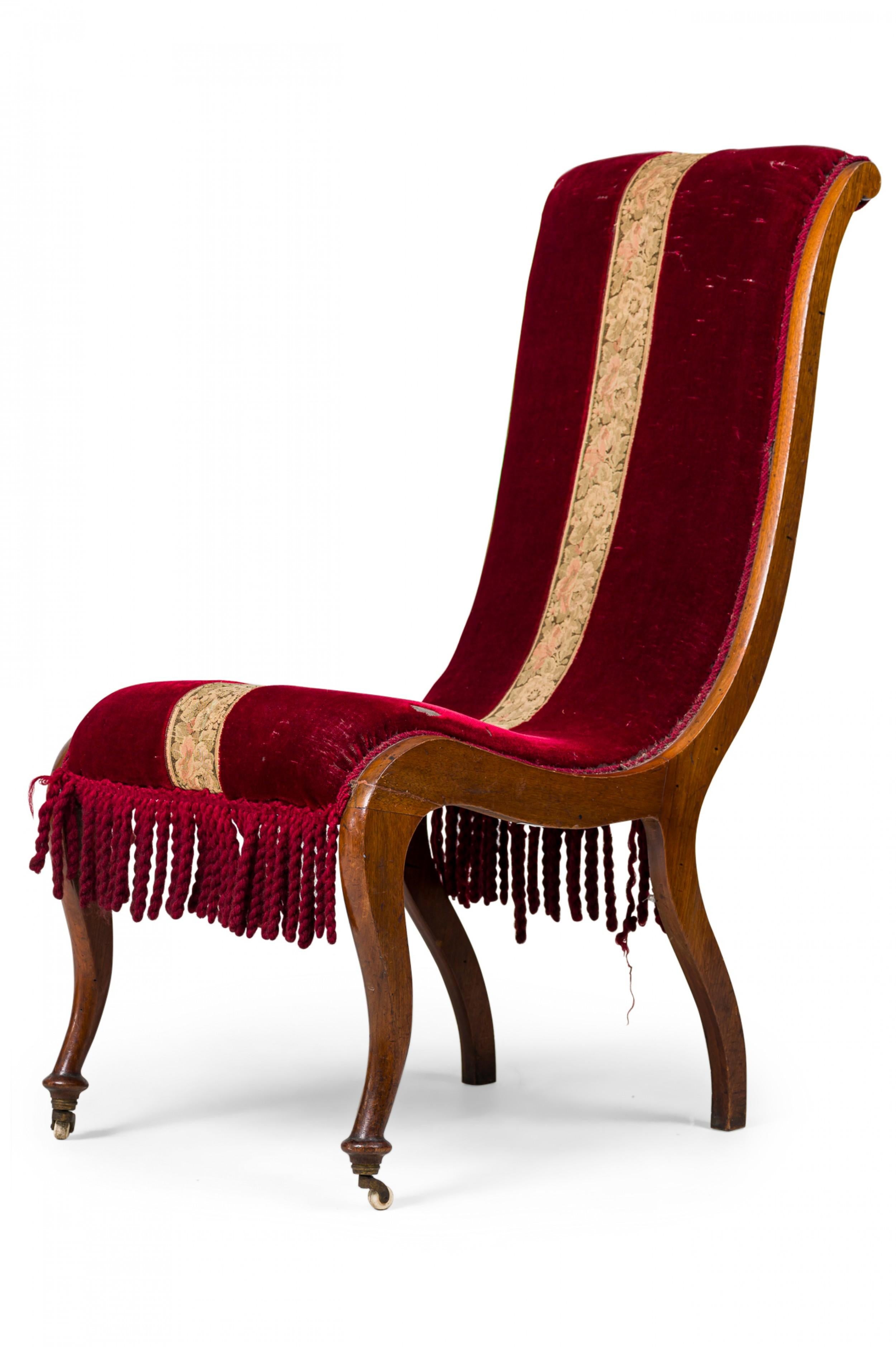 Mid-Century Modern Pair of English Red Velvet and Tapestry Oak Frame Fringed Slipper Chairs