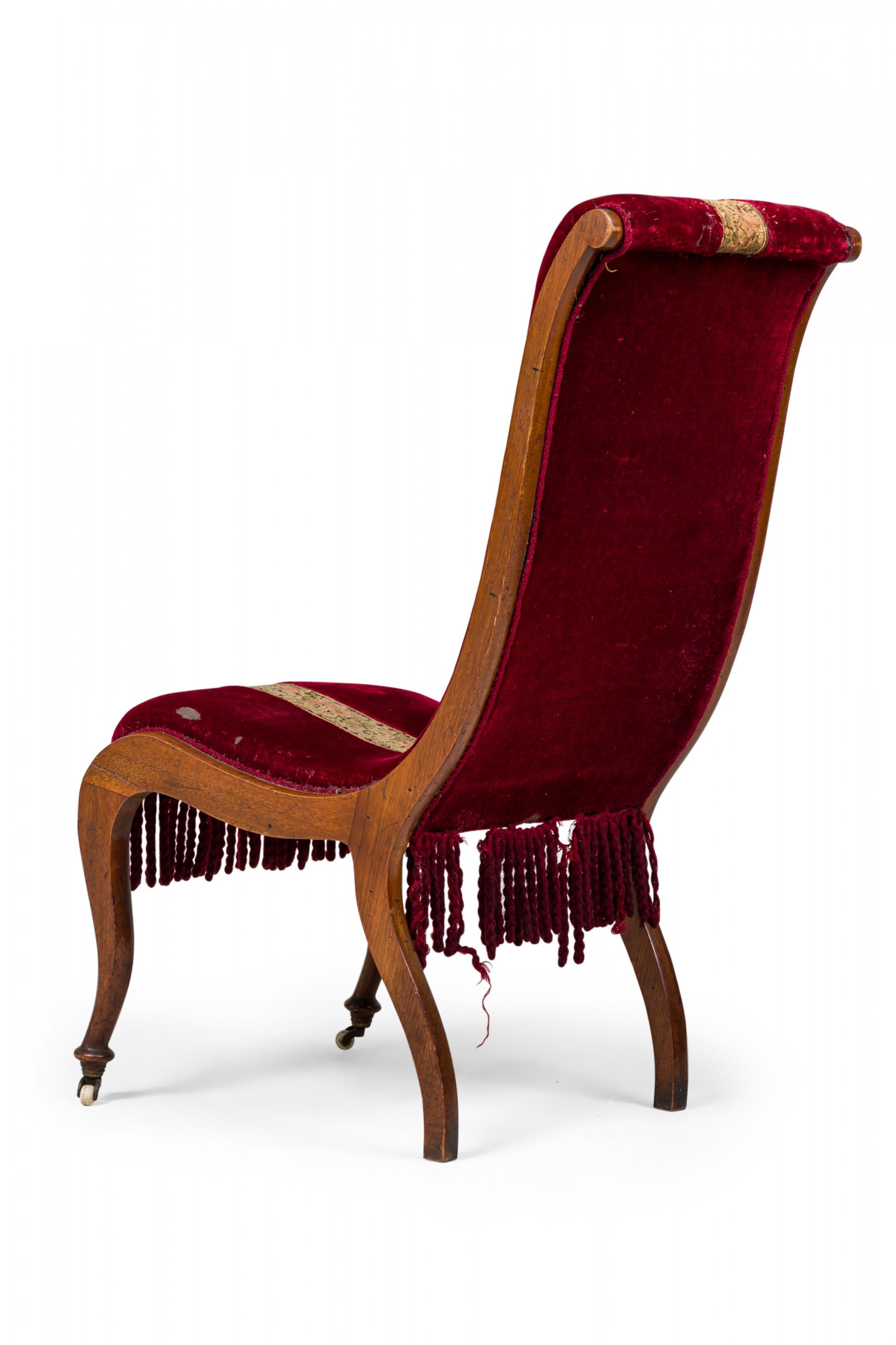 Pair of English Red Velvet and Tapestry Oak Frame Fringed Slipper Chairs In Good Condition In New York, NY
