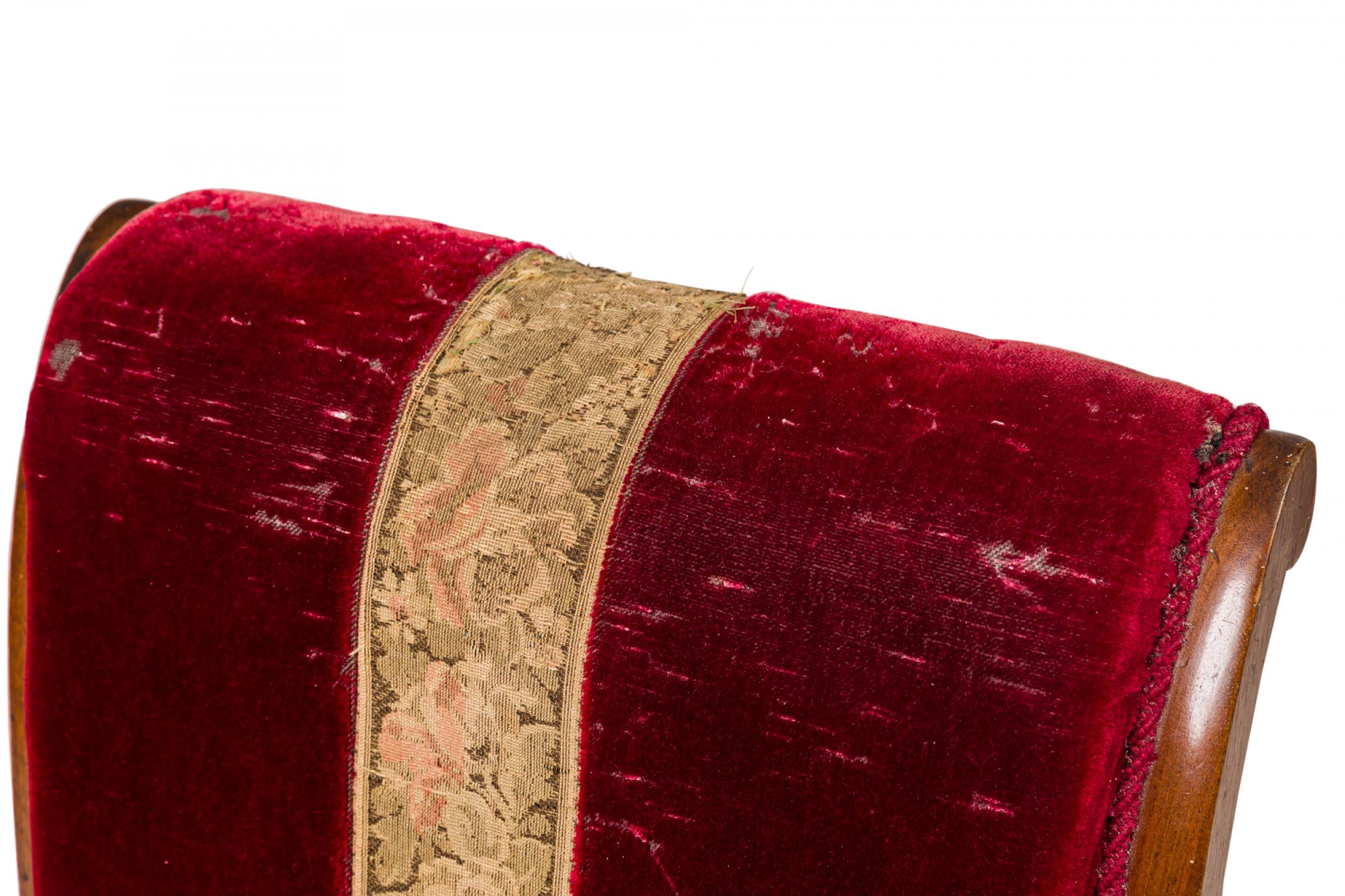 Wood Pair of English Red Velvet and Tapestry Oak Frame Fringed Slipper Chairs