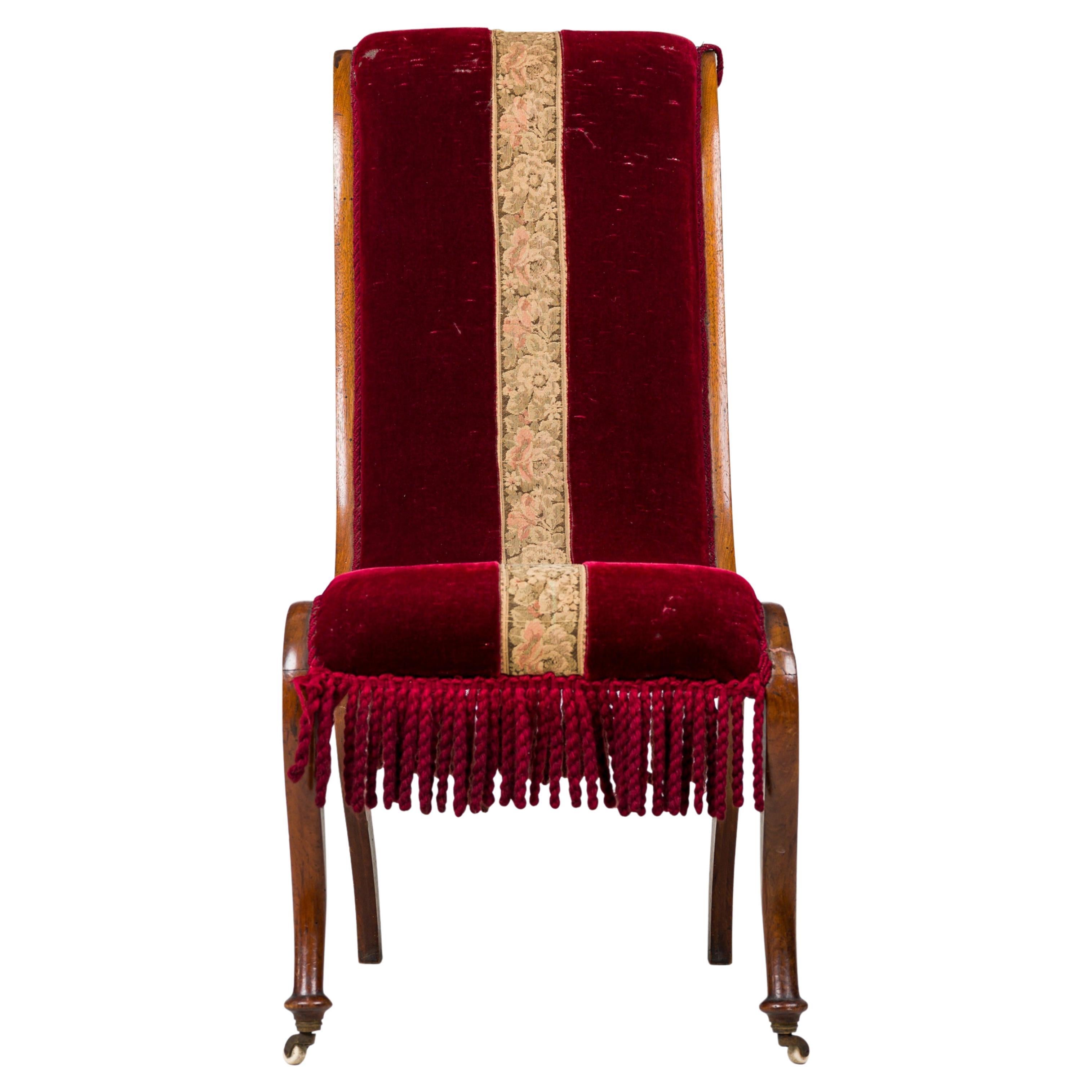 Pair of English Red Velvet and Tapestry Oak Frame Fringed Slipper Chairs