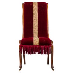 Vintage Pair of English Red Velvet and Tapestry Oak Frame Fringed Slipper Chairs