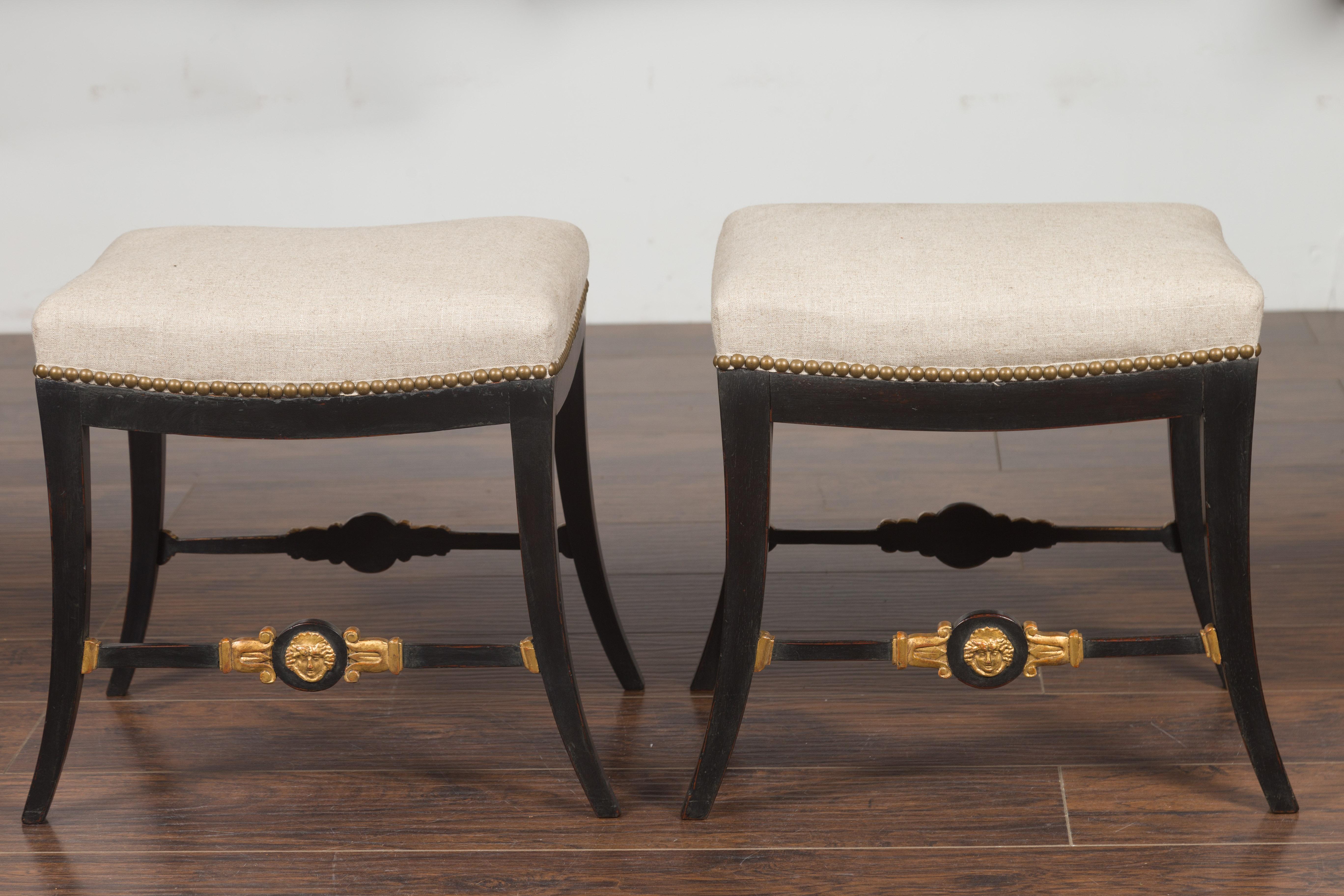 Pair of English Regency 1820s Ebonized and Gilt Stools with New Upholstery For Sale 7