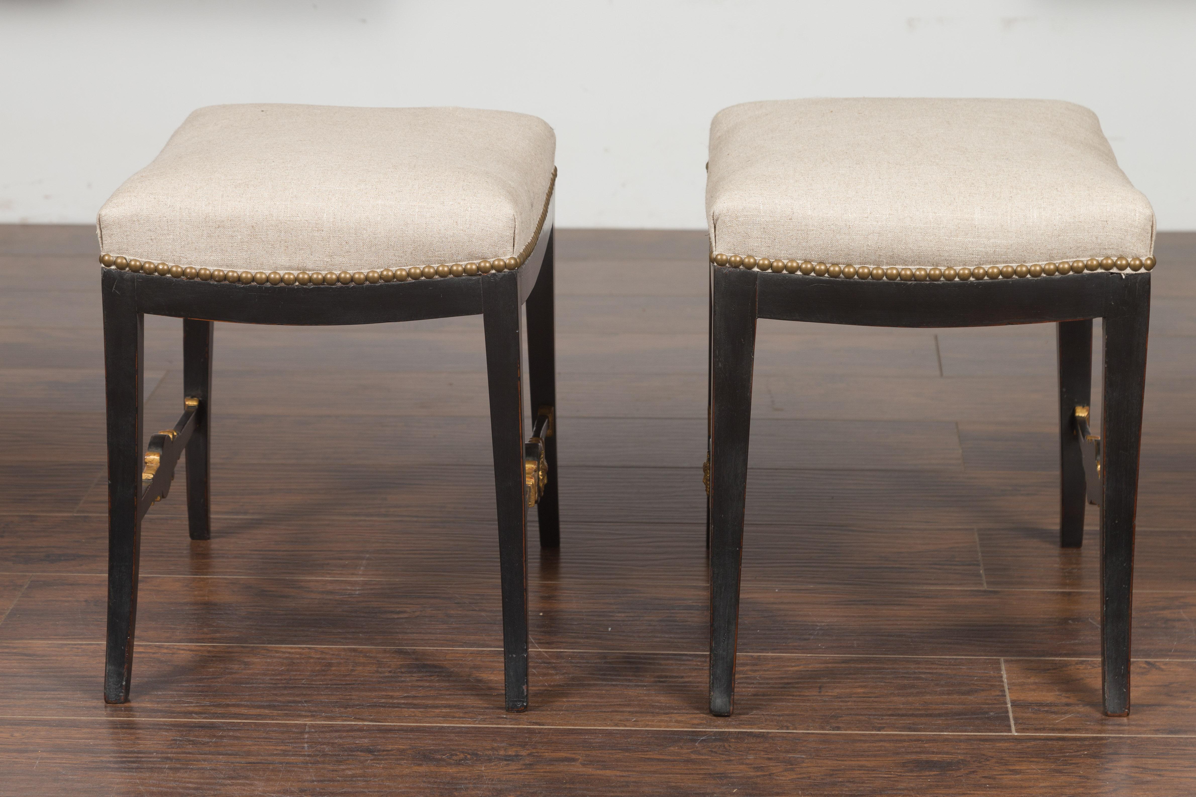 Pair of English Regency 1820s Ebonized and Gilt Stools with New Upholstery For Sale 8