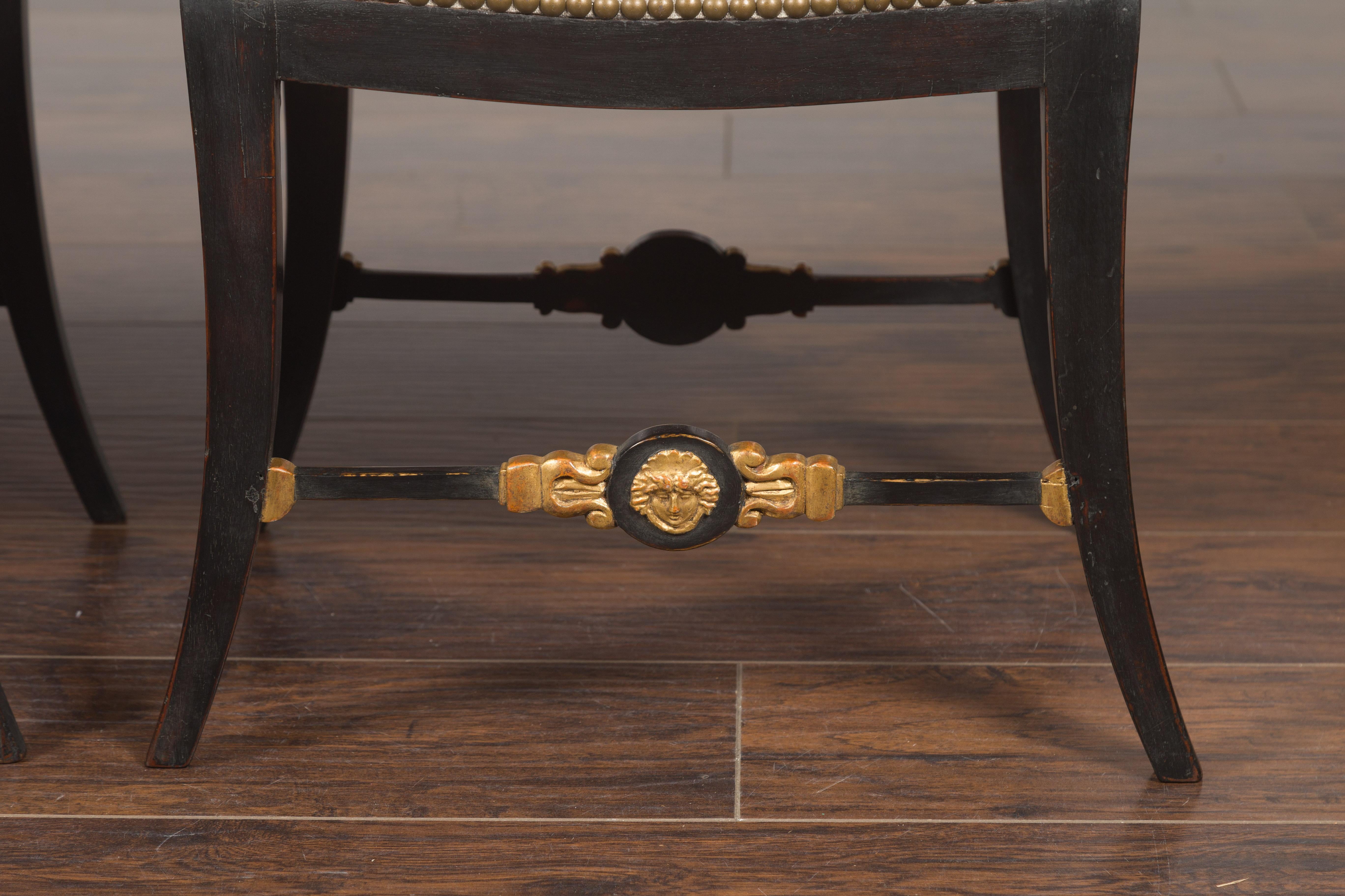 Pair of English Regency 1820s Ebonized and Gilt Stools with New Upholstery For Sale 2
