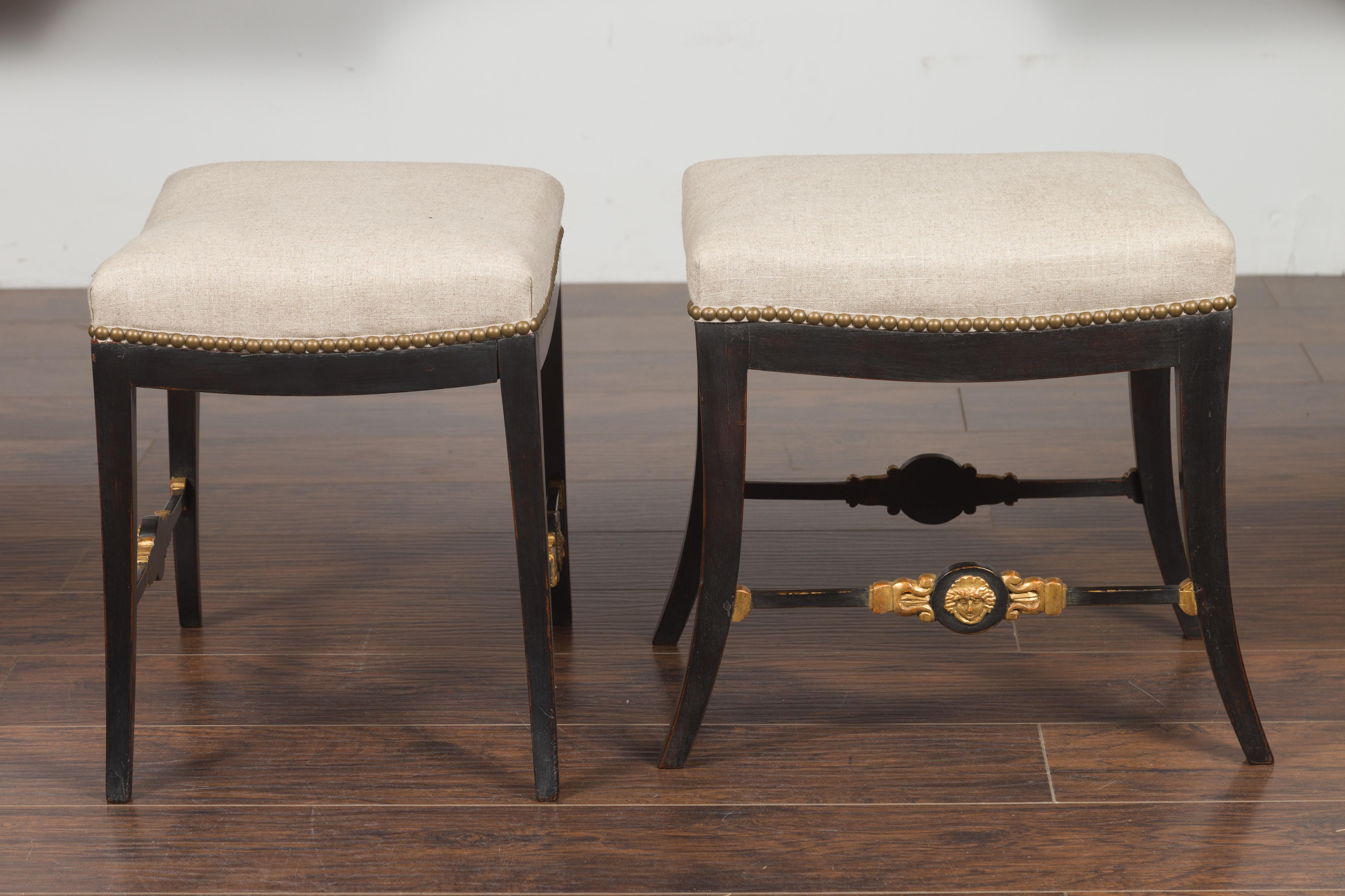 Pair of English Regency 1820s Ebonized and Gilt Stools with New Upholstery For Sale 5
