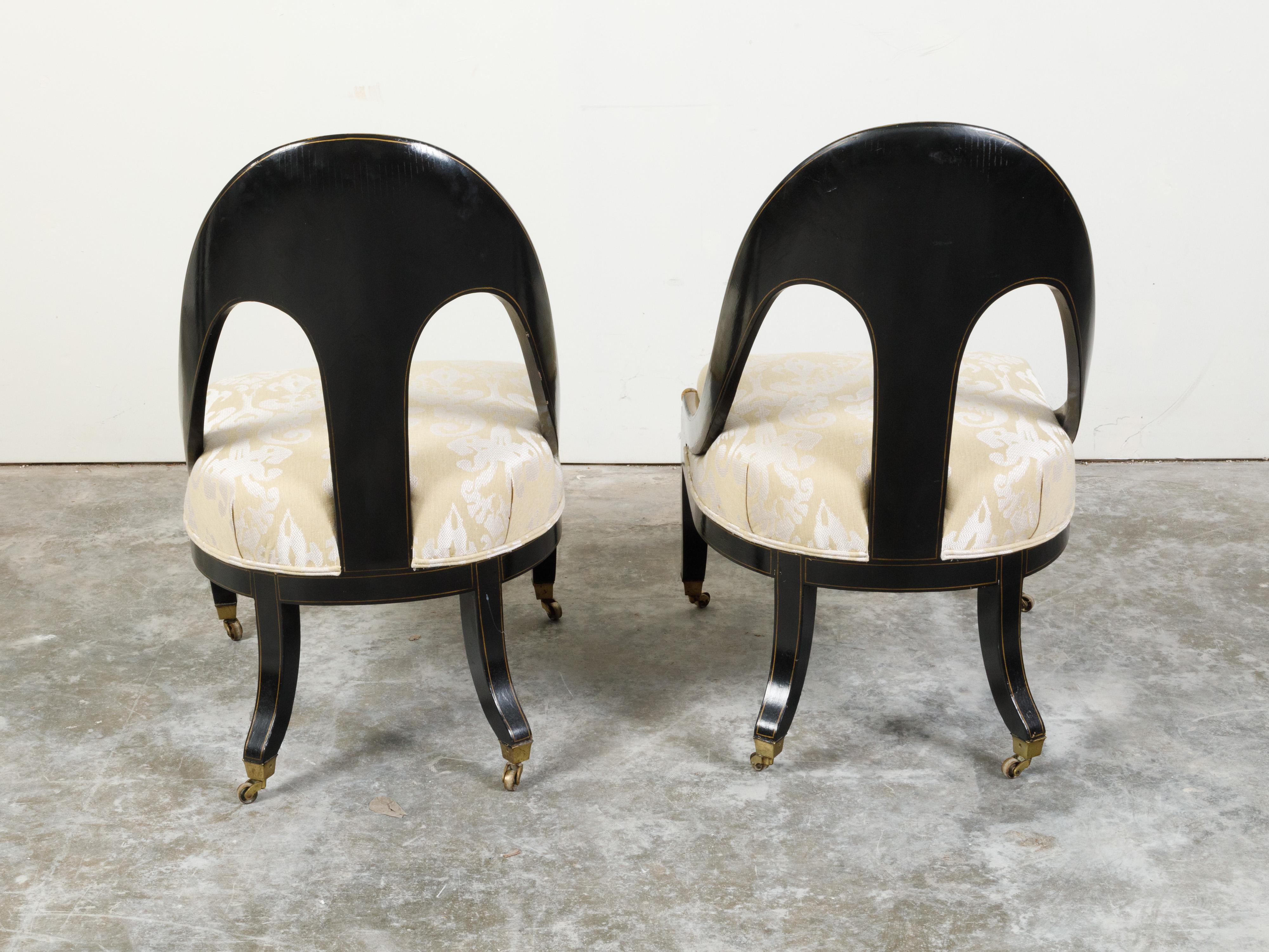 Upholstery Pair of English Regency 19th Century Black and Gold Lacquer Spoon Back Chairs