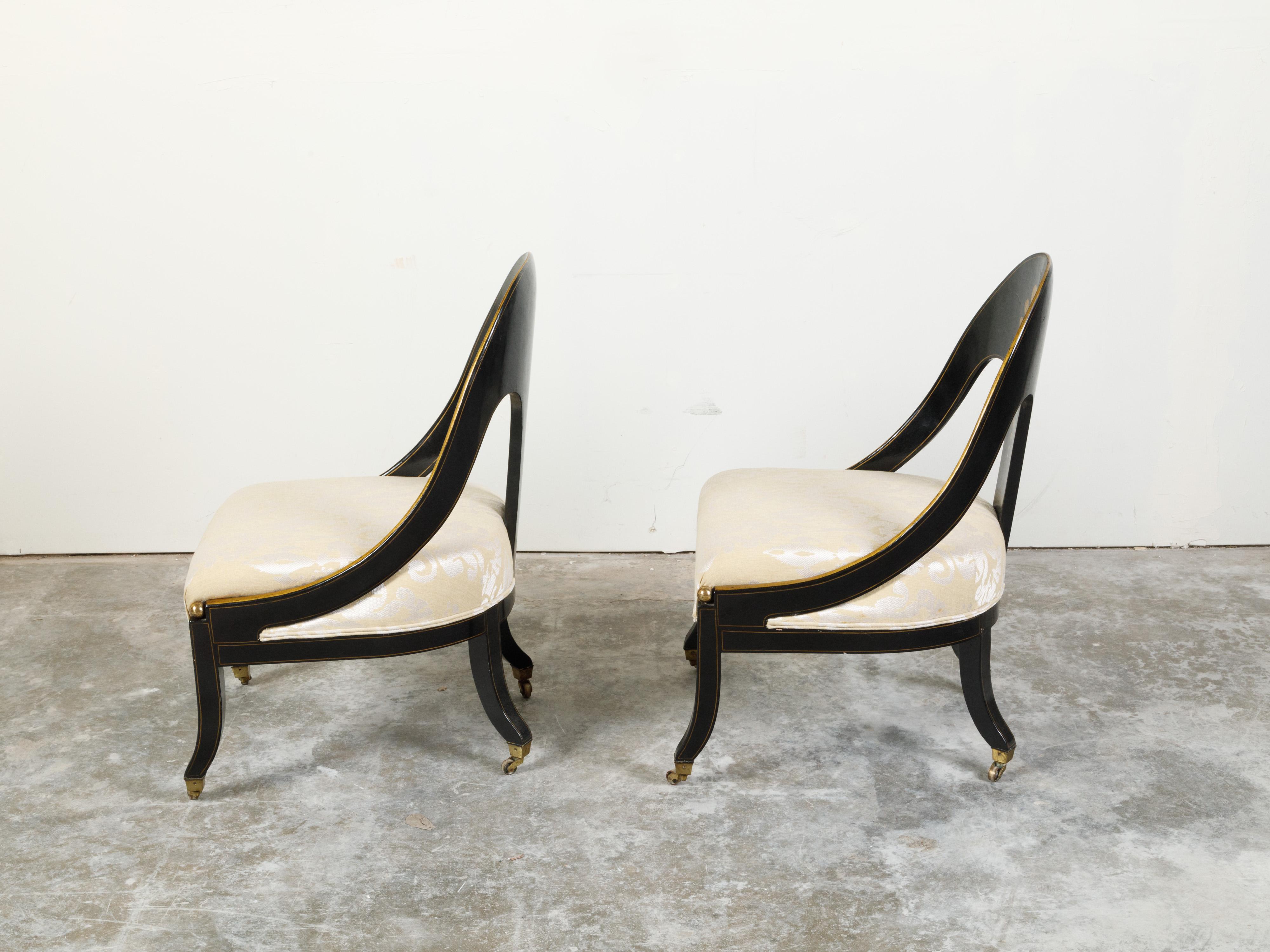 Pair of English Regency 19th Century Black and Gold Lacquer Spoon Back Chairs 1