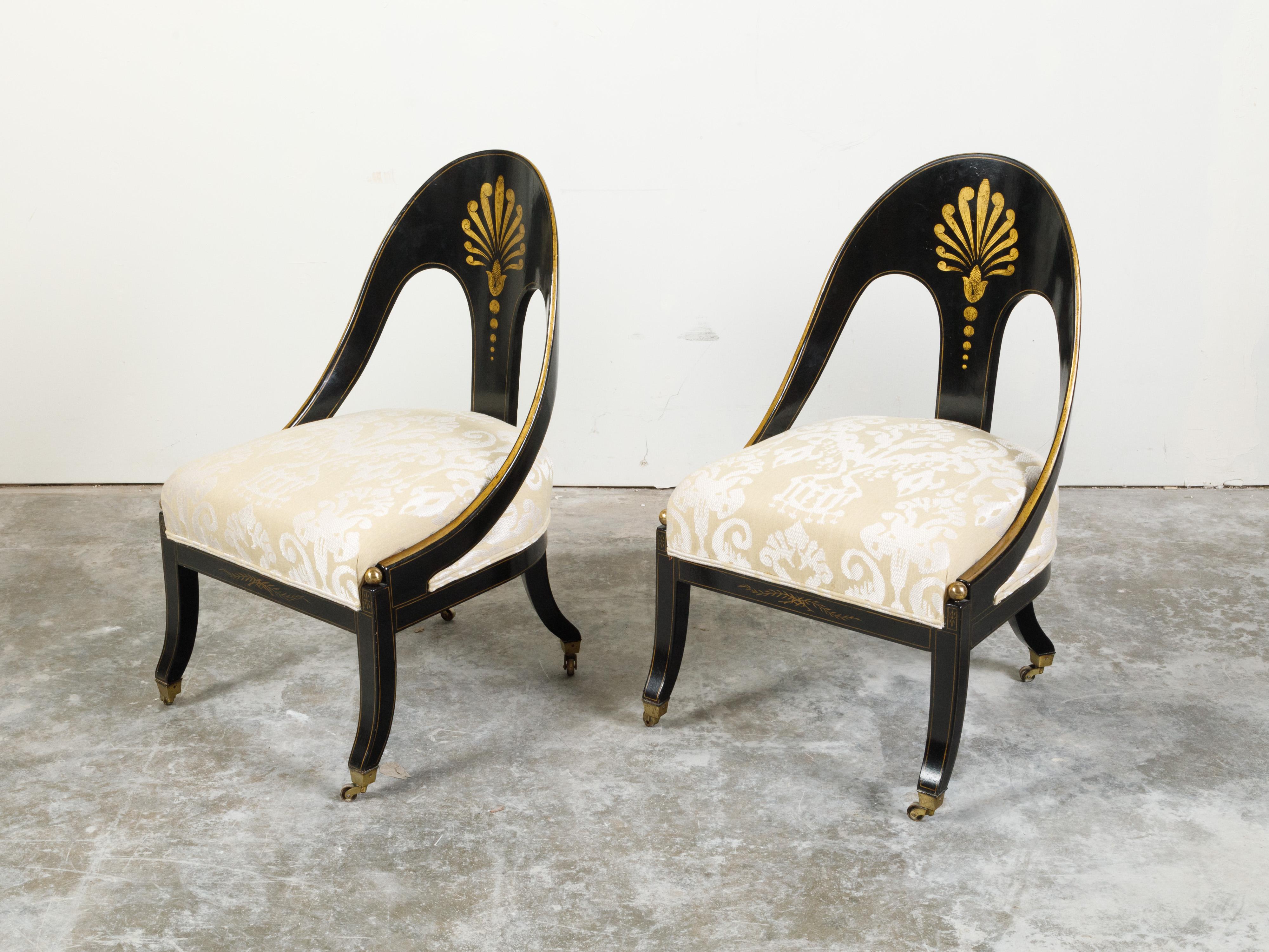 Pair of English Regency 19th Century Black and Gold Lacquer Spoon Back Chairs 2