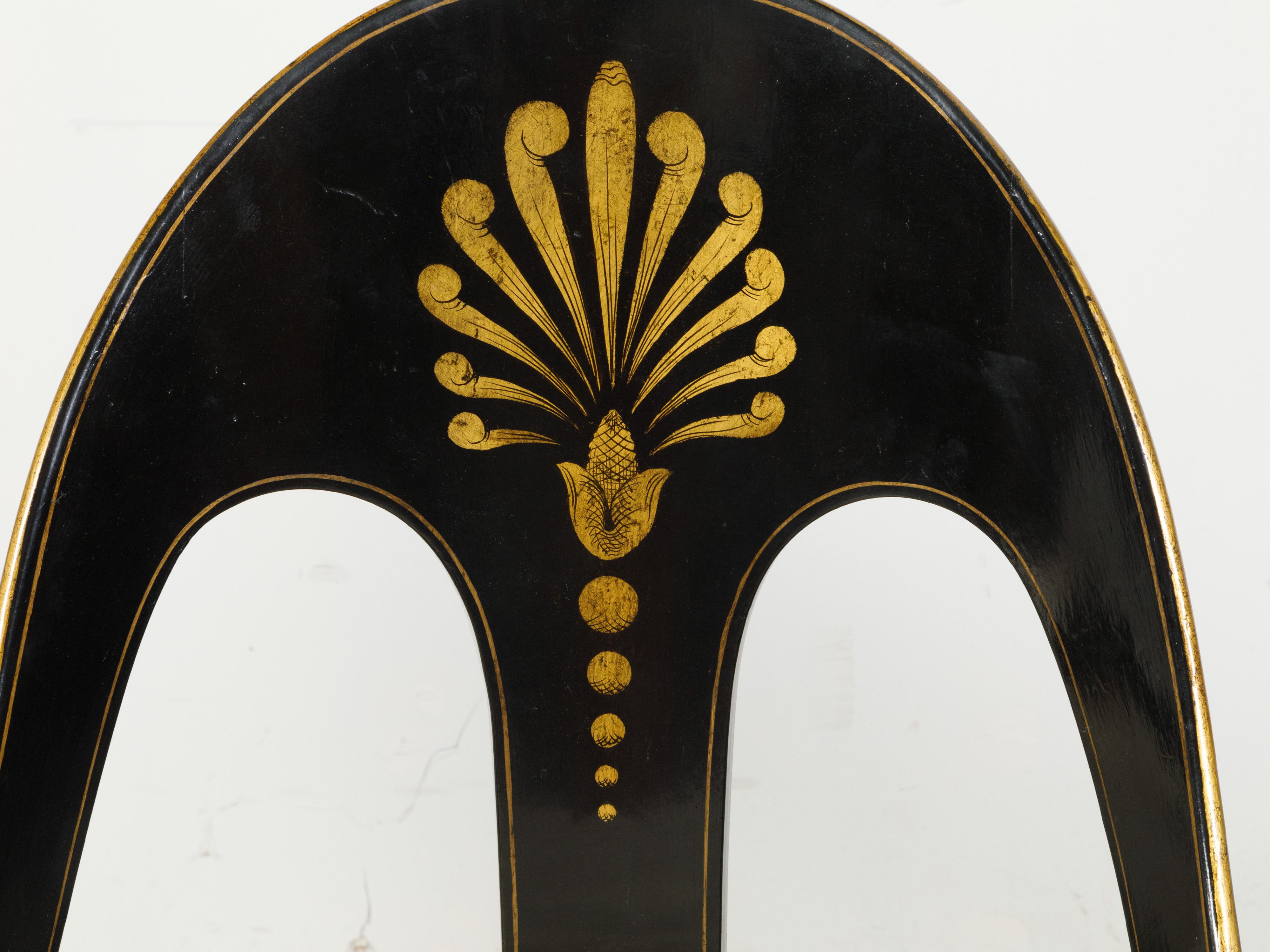 Pair of English Regency 19th Century Black and Gold Lacquer Spoon Back Chairs 4