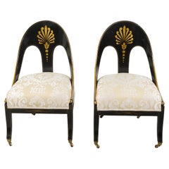 Antique Pair of English Regency 19th Century Black and Gold Lacquer Spoon Back Chairs