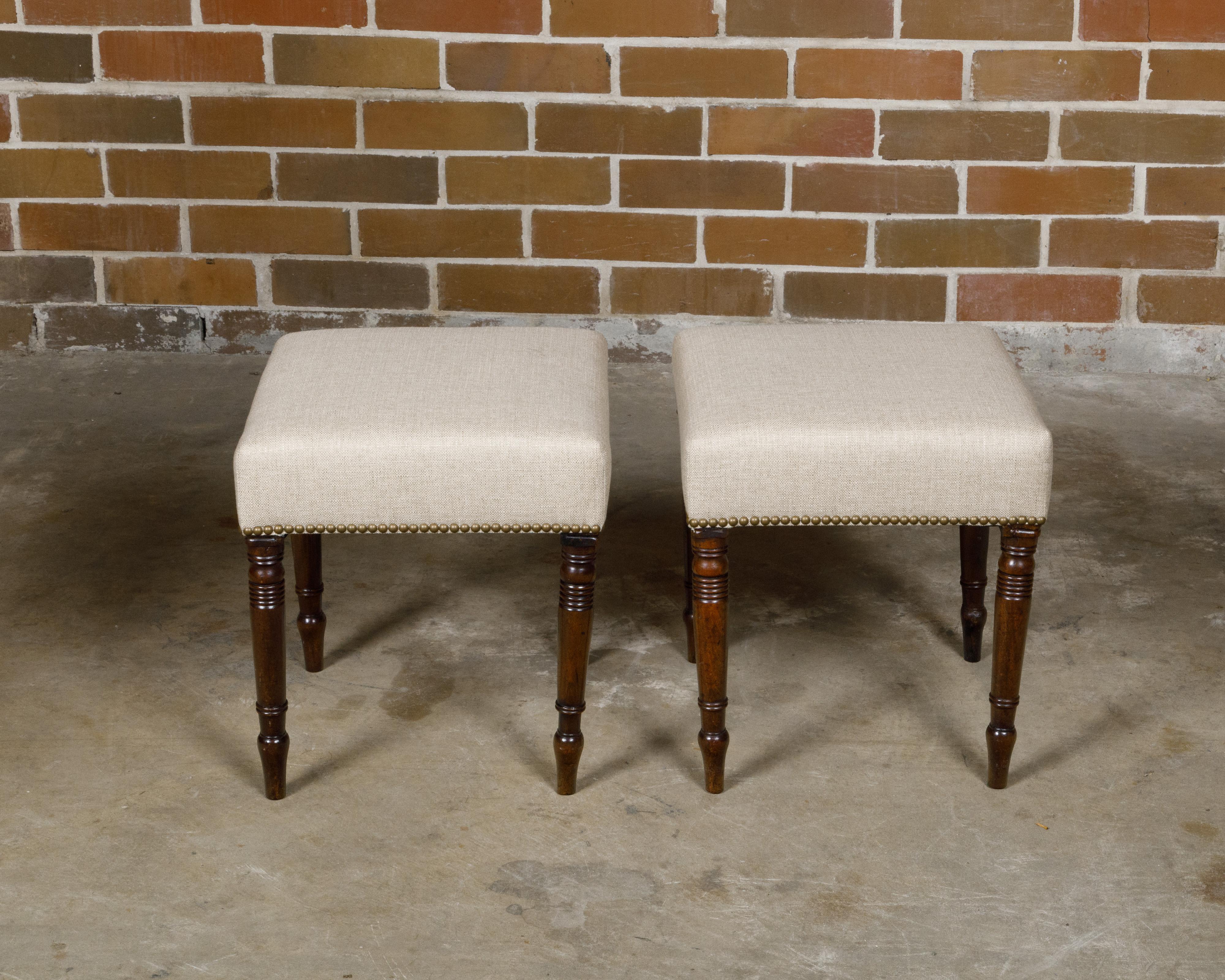 Brass Pair of English Regency 19th Century Mahogany Stools with Turned Spindle Legs For Sale