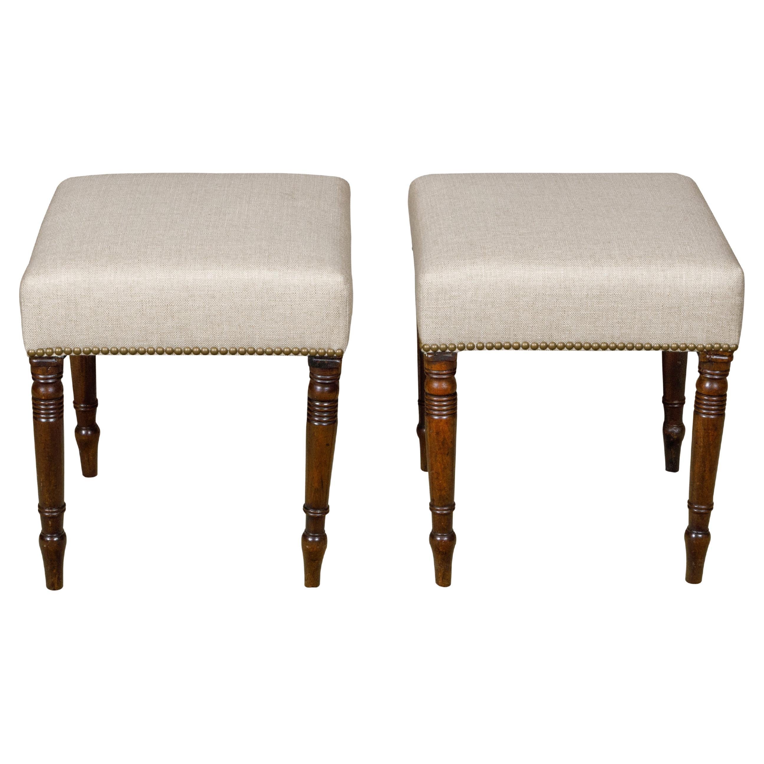 Pair of English Regency 19th Century Mahogany Stools with Turned Spindle Legs