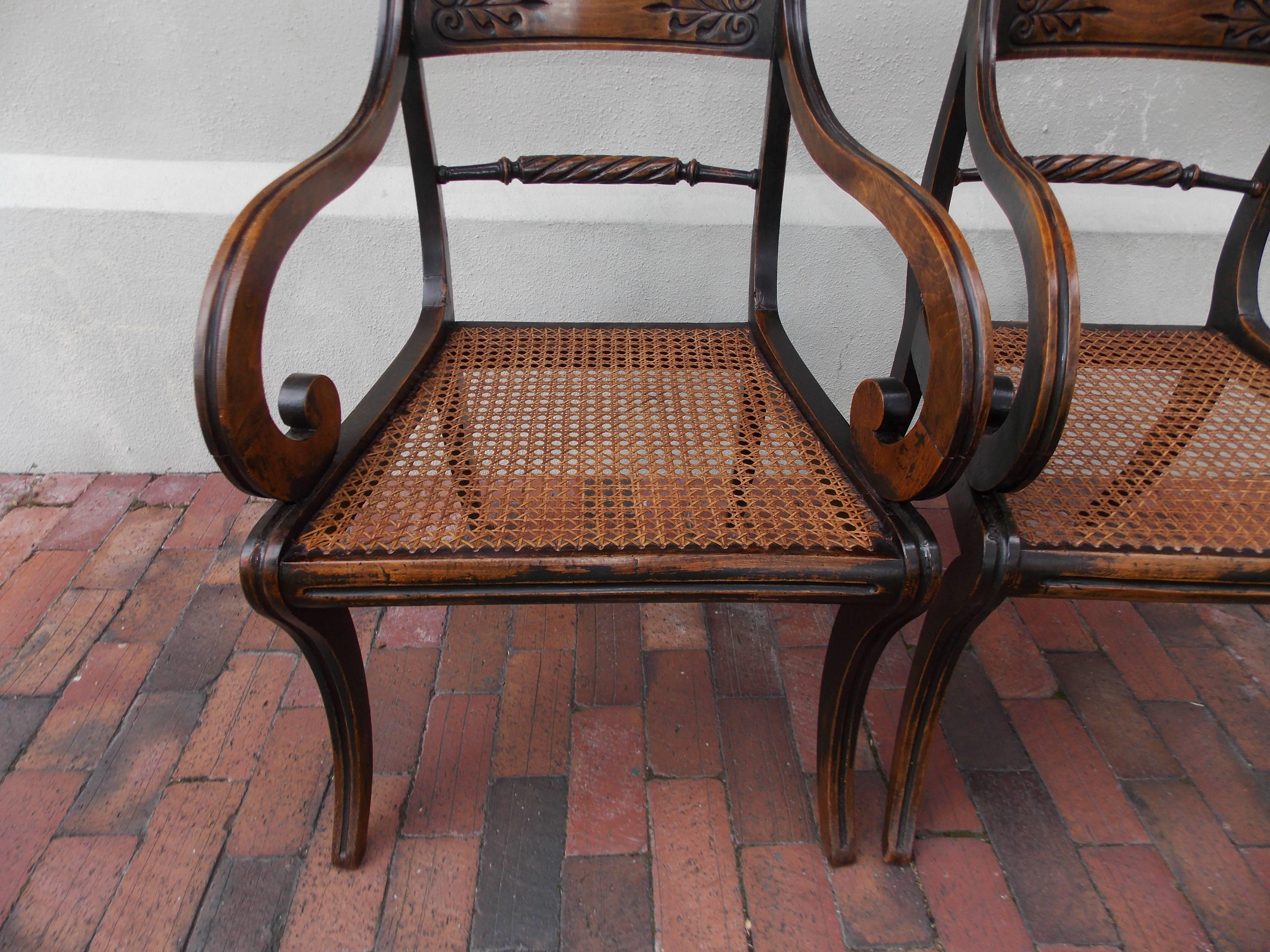 Pair of English Regency Black Lacquered and Cane Seat Armchairs, Circa 1815 In Excellent Condition For Sale In Hollywood, SC