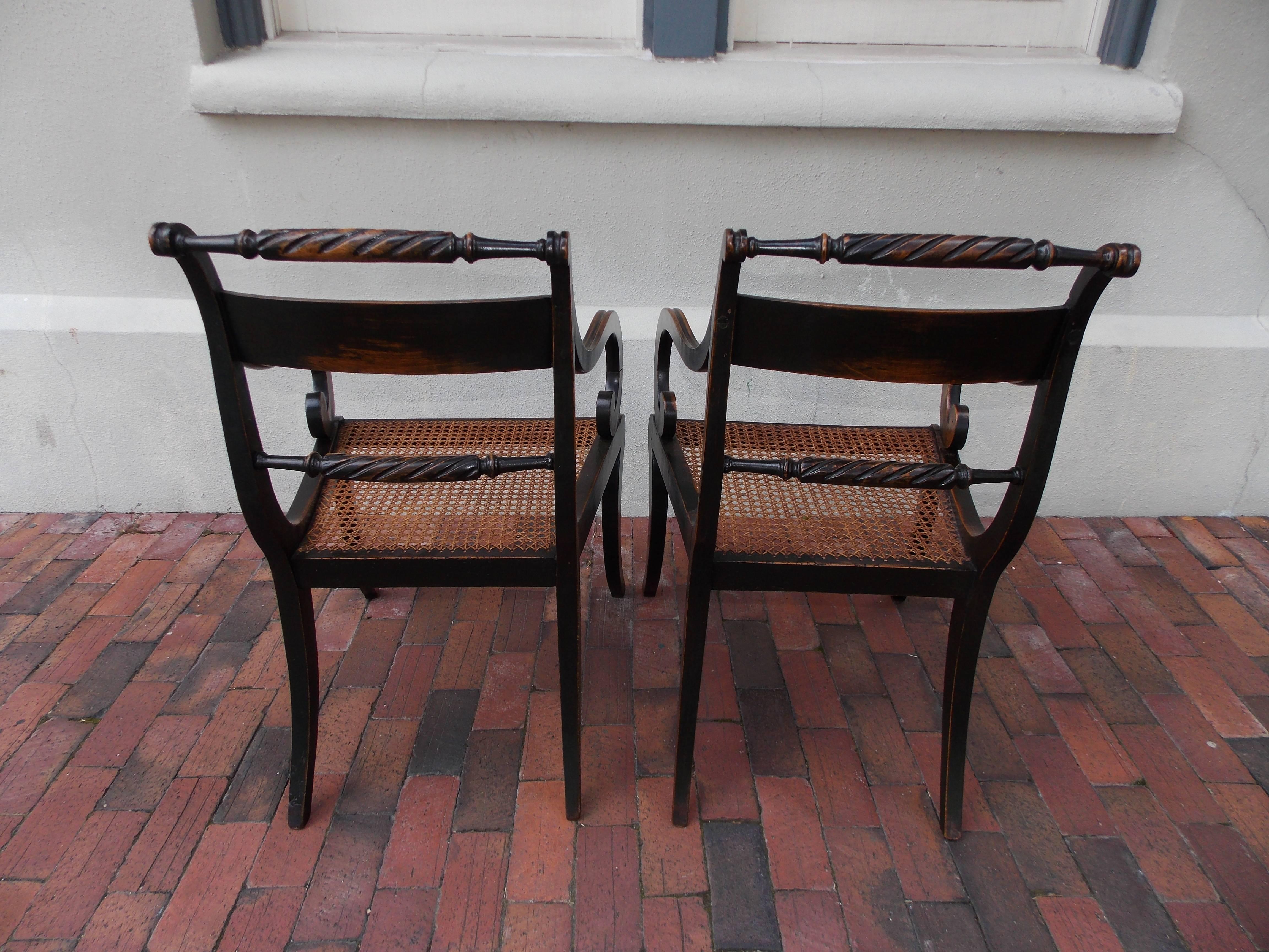 Pine Pair of English Regency Black Lacquered and Cane Seat Armchairs, Circa 1815 For Sale
