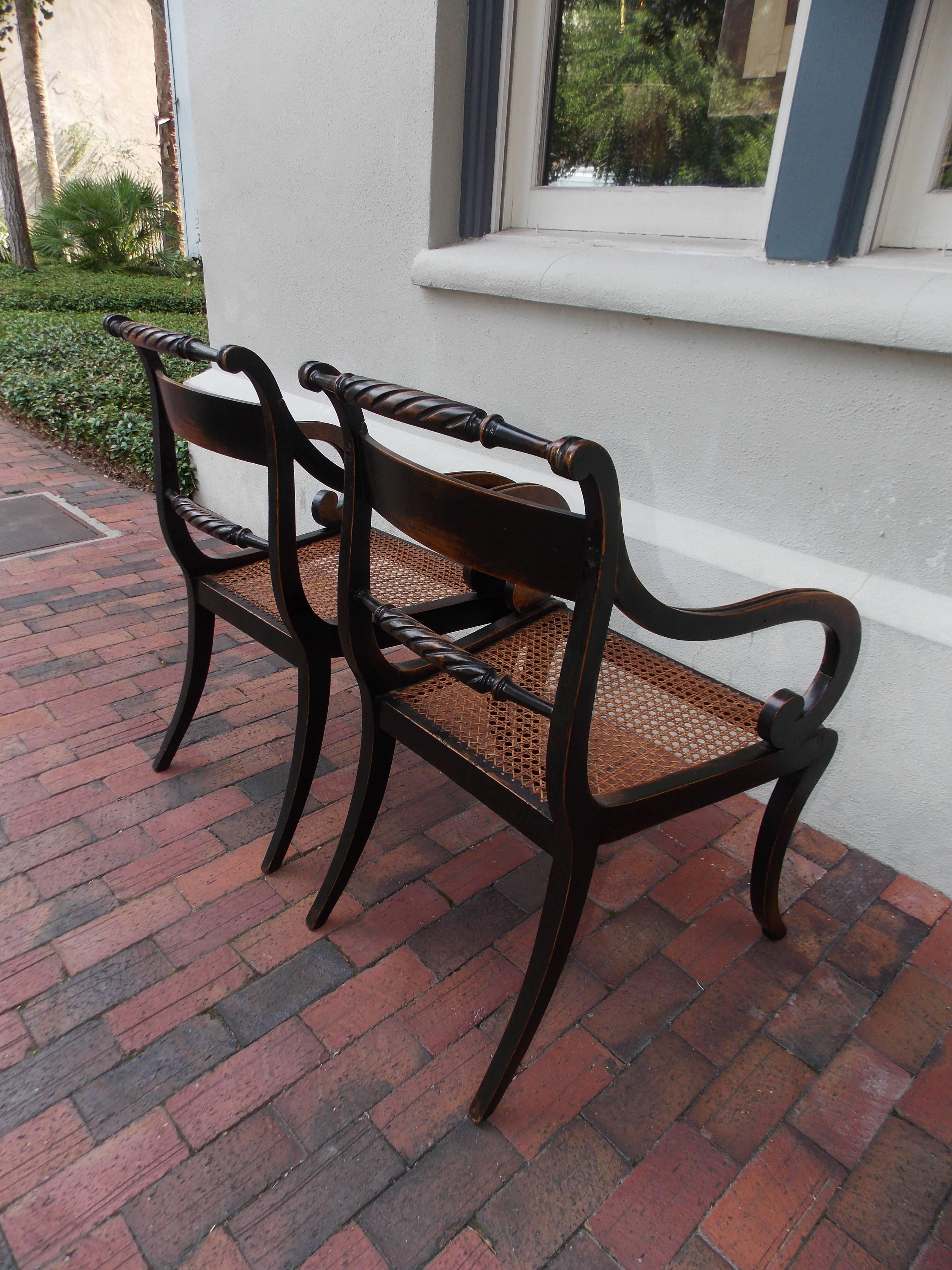 Pair of English Regency Black Lacquered and Cane Seat Armchairs, Circa 1815 For Sale 1