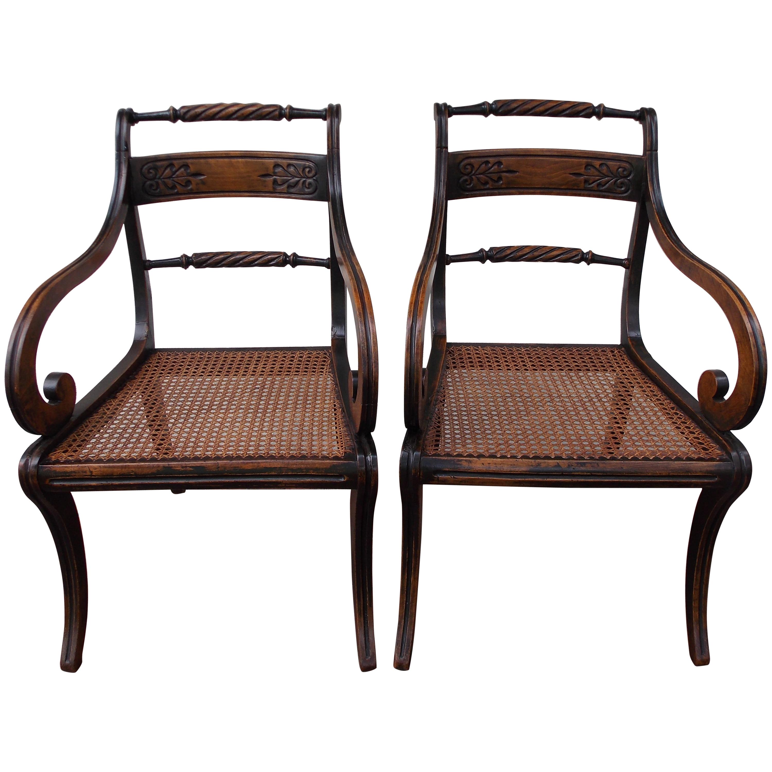 Pair of English Regency Black Lacquered and Cane Seat Armchairs, Circa 1815