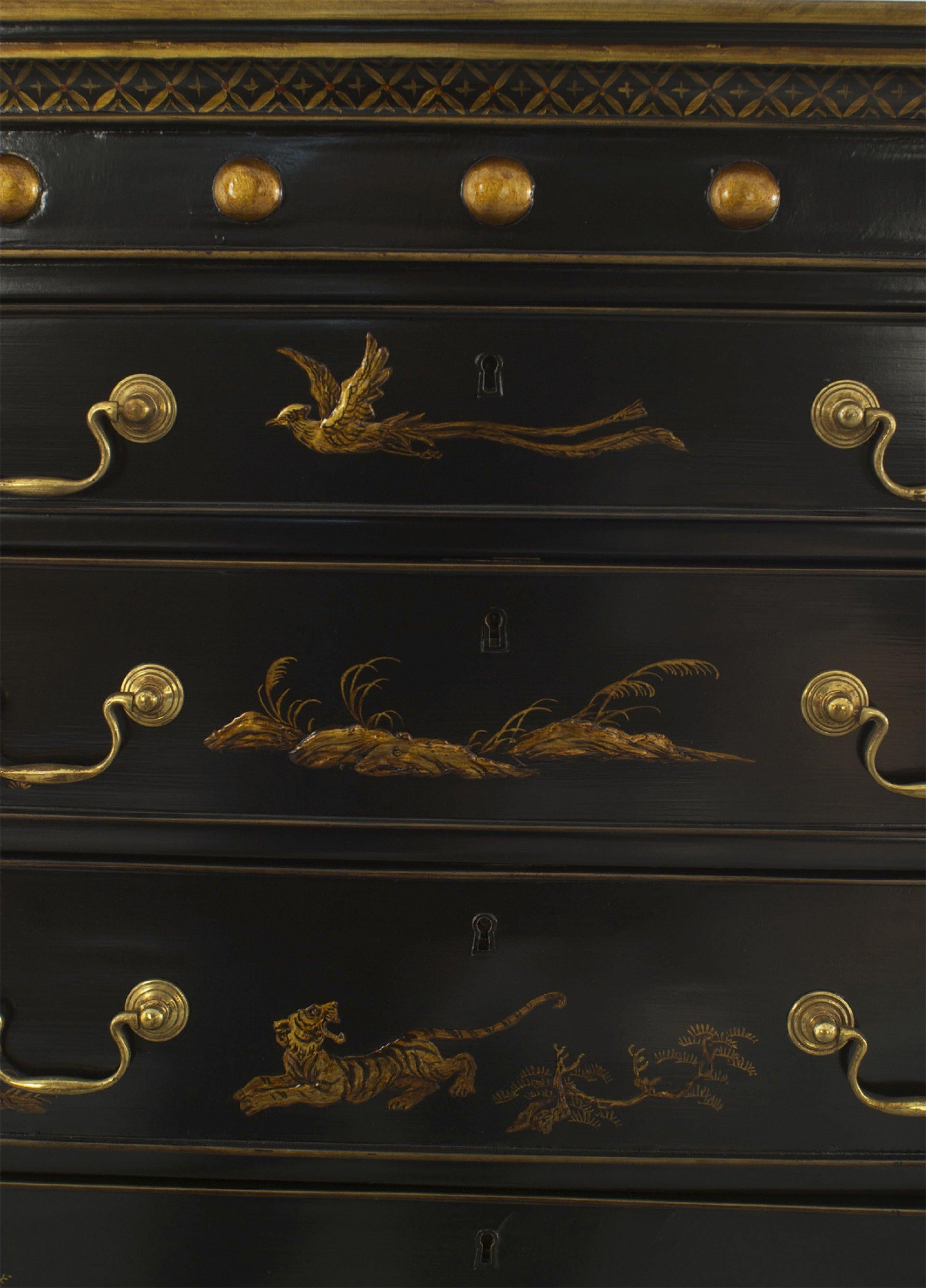 COPPIA di cassettiera inglese in stile Regency laccata nera con 7 cassetti (semainier) con decorazione a cineserie (PREZZO A COPPIA).