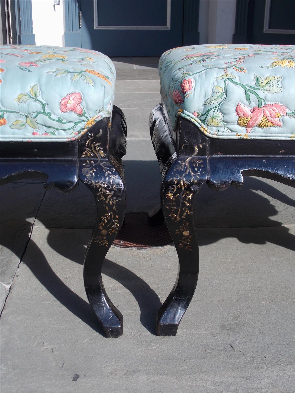 Pair of English Regency Black Lacquered Mother of Pearl Inlaid Stools Circa 1810 4