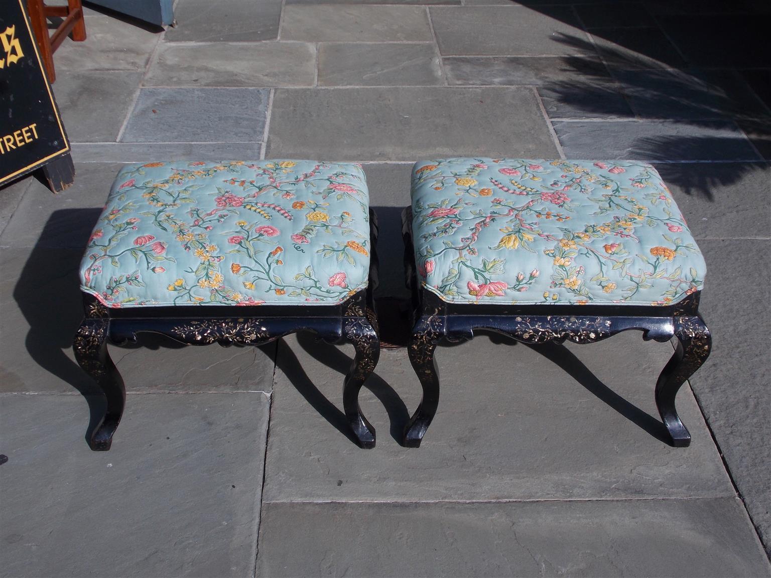 Pair of English Regency Black Lacquered Mother of Pearl Inlaid Stools Circa 1810 5