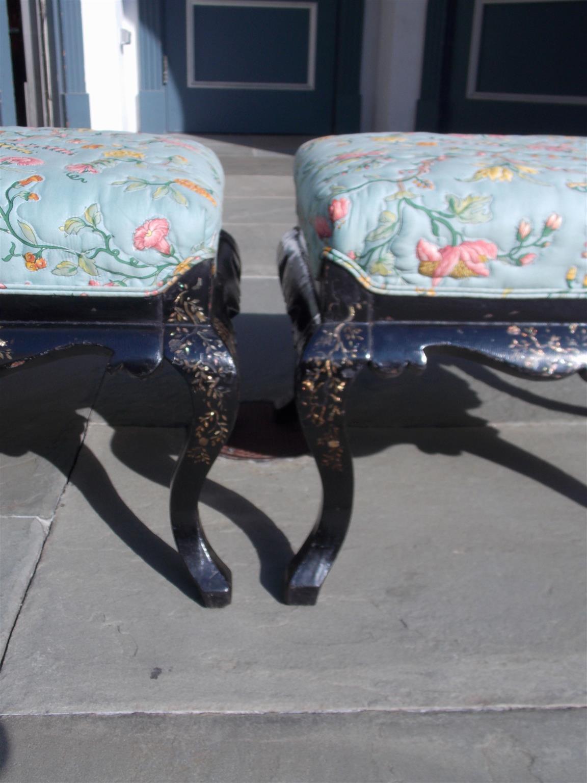 Pair of English Regency Black Lacquered Mother of Pearl Inlaid Stools Circa 1810 3