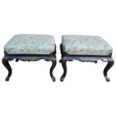 Pair of English Regency Black Lacquered Mother of Pearl Inlaid Stools Circa 1810