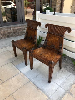 Pair of English Regency Burl Elmwood Hall Chairs/Side Chairs