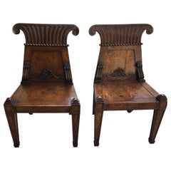 Pair of English Regency Burl Elmwood Hall Chairs/Side Chairs