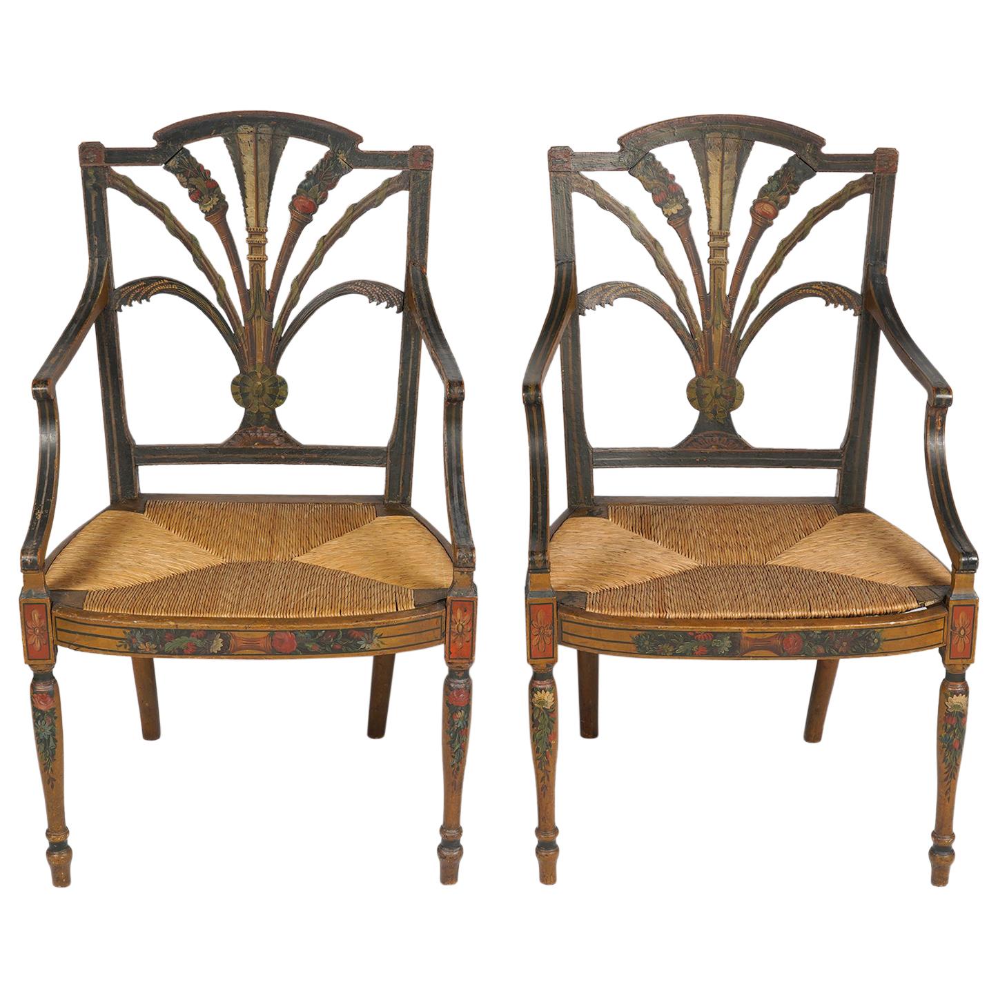 Pair of English Regency Carved and Paint Decorated Rush Seat Armchairs