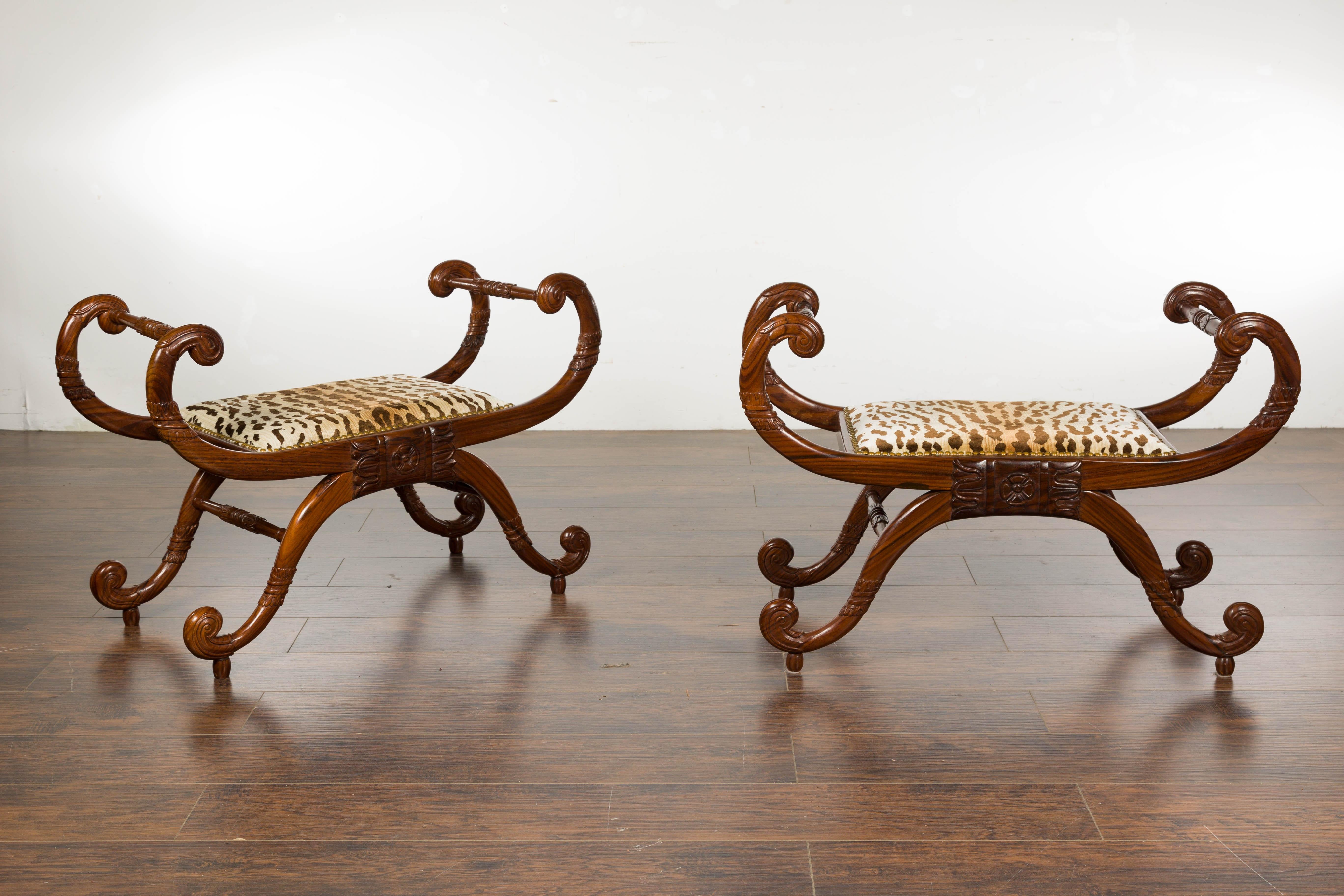 Pair of English Regency Carved Mahogany 19th Century Stools with Scrolling Arms  For Sale 11