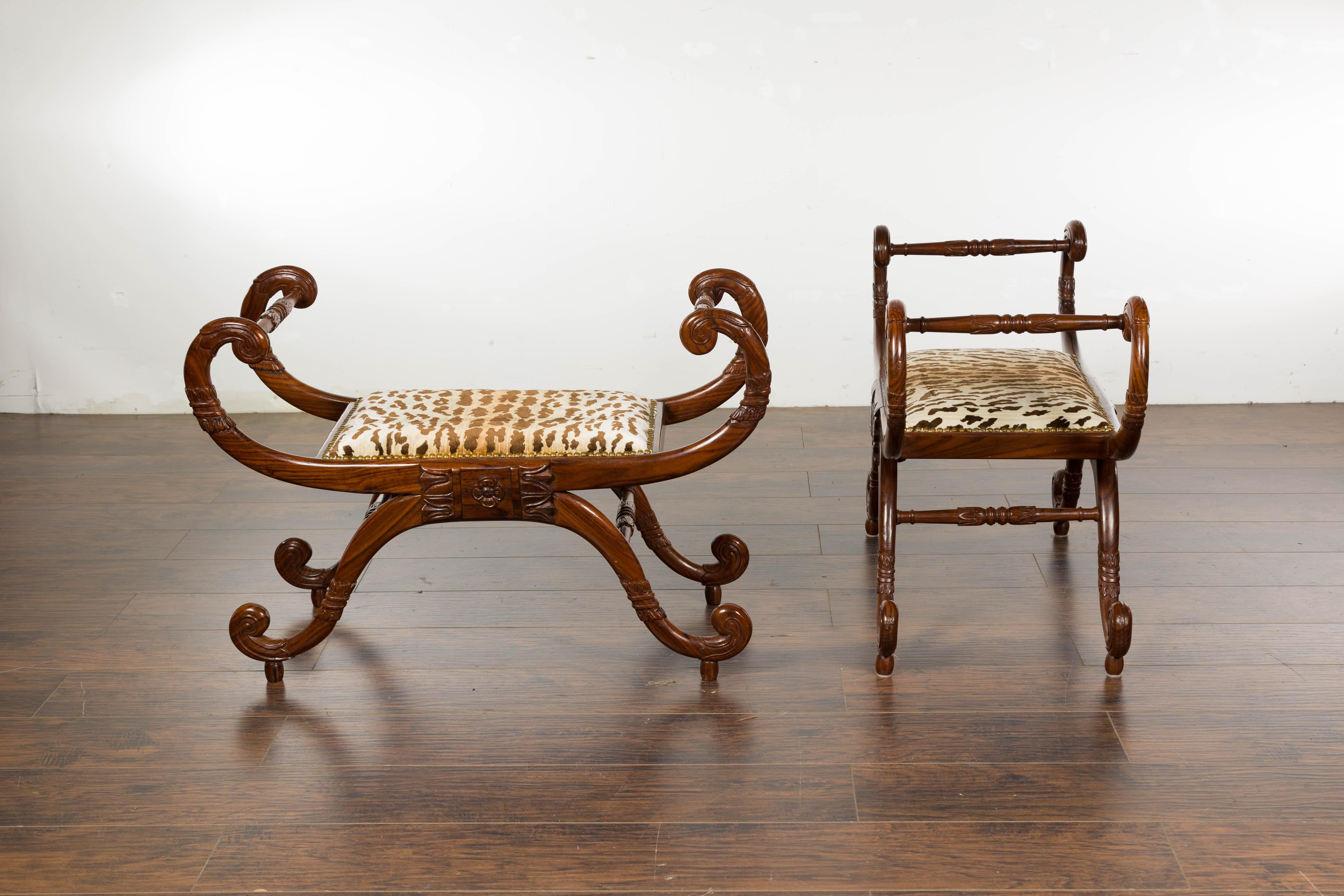Pair of English Regency Carved Mahogany 19th Century Stools with Scrolling Arms  For Sale 13