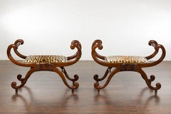 Pair of English Regency Carved Mahogany 19th Century Stools with Scrolling Arms