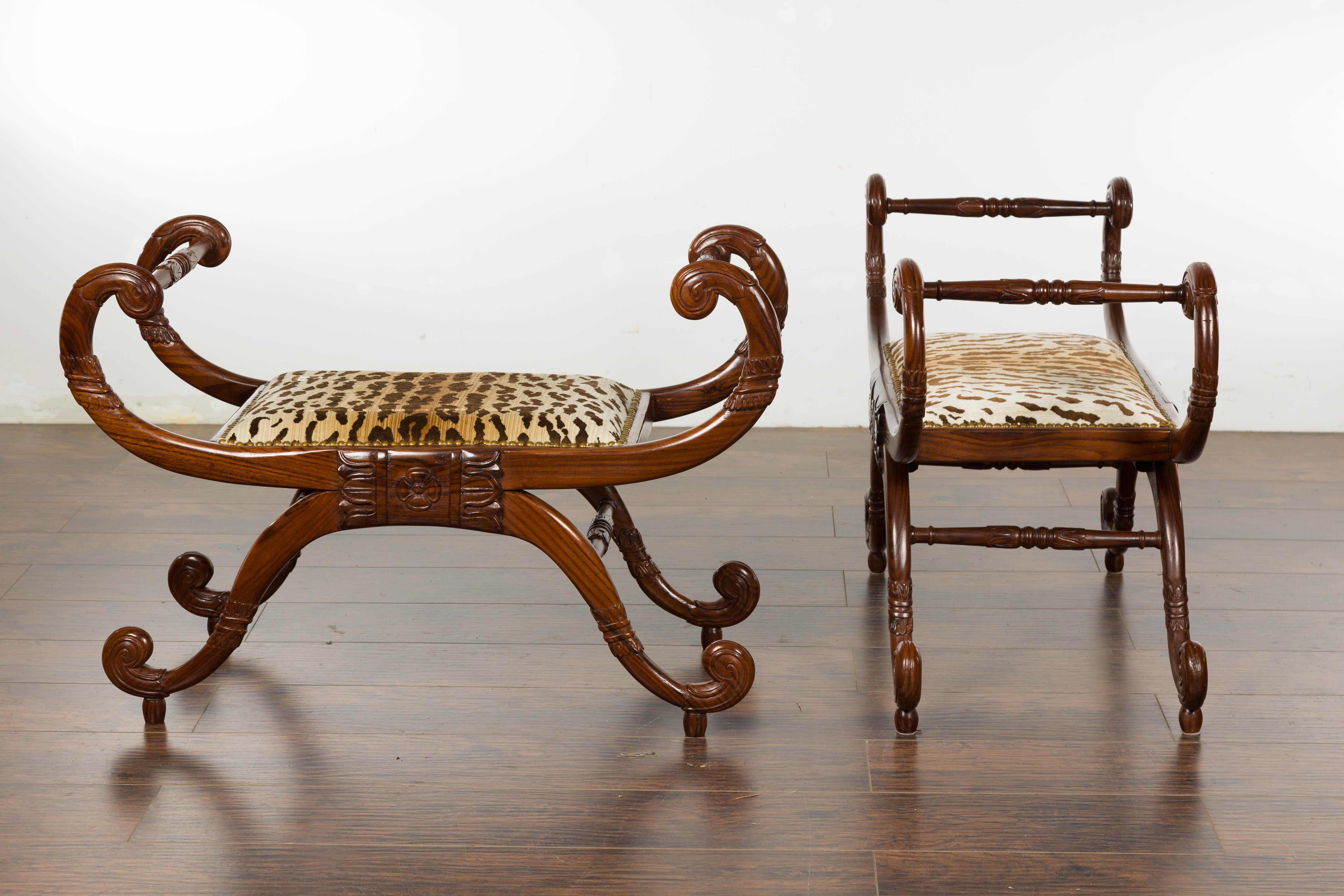 Pair of English Regency Carved Mahogany 19th Century Stools with Scrolling Arms  For Sale 16
