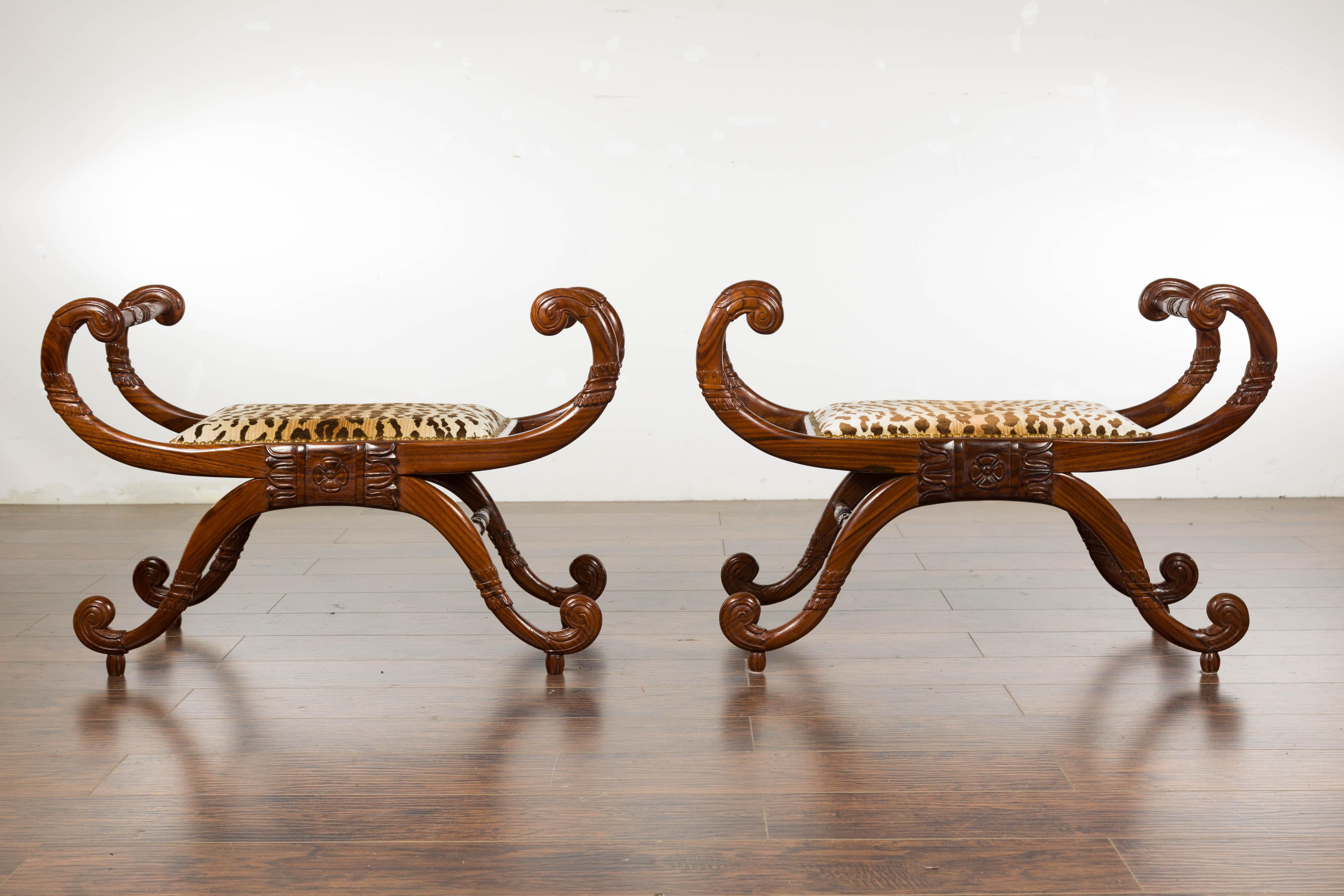 Fabric Pair of English Regency Carved Mahogany 19th Century Stools with Scrolling Arms  For Sale