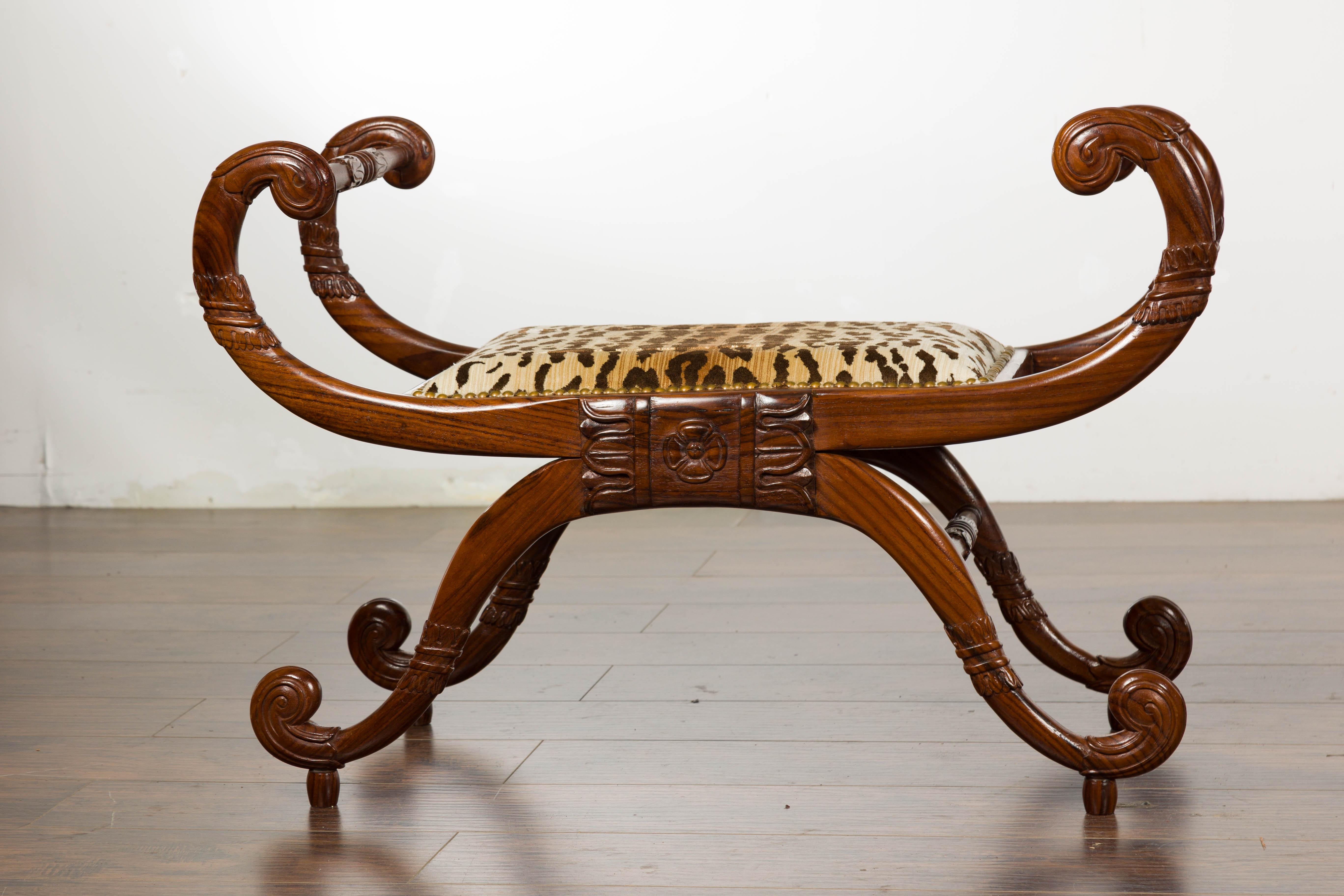 Pair of English Regency Carved Mahogany 19th Century Stools with Scrolling Arms  For Sale 1