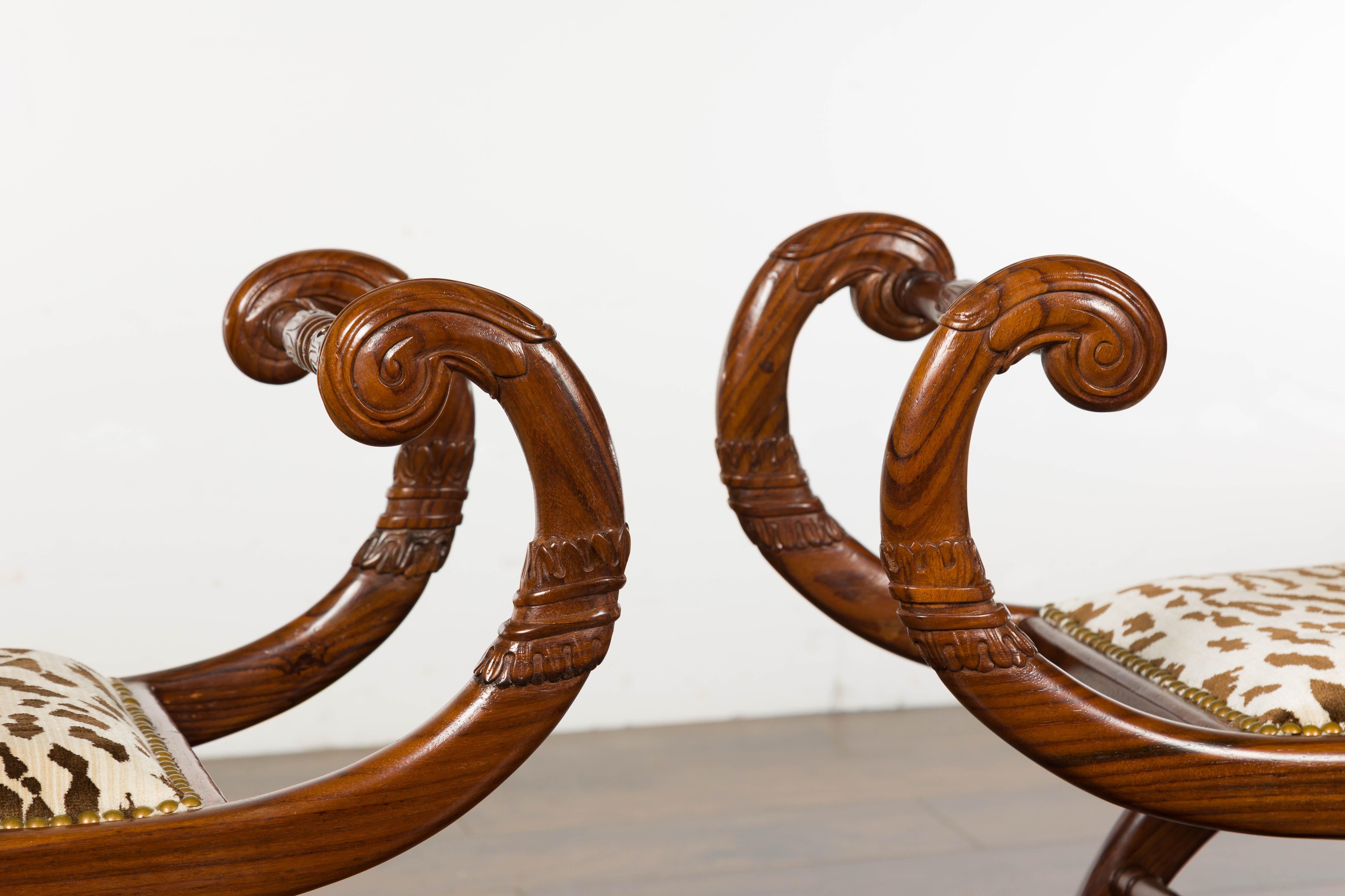 Pair of English Regency Carved Mahogany 19th Century Stools with Scrolling Arms  For Sale 4