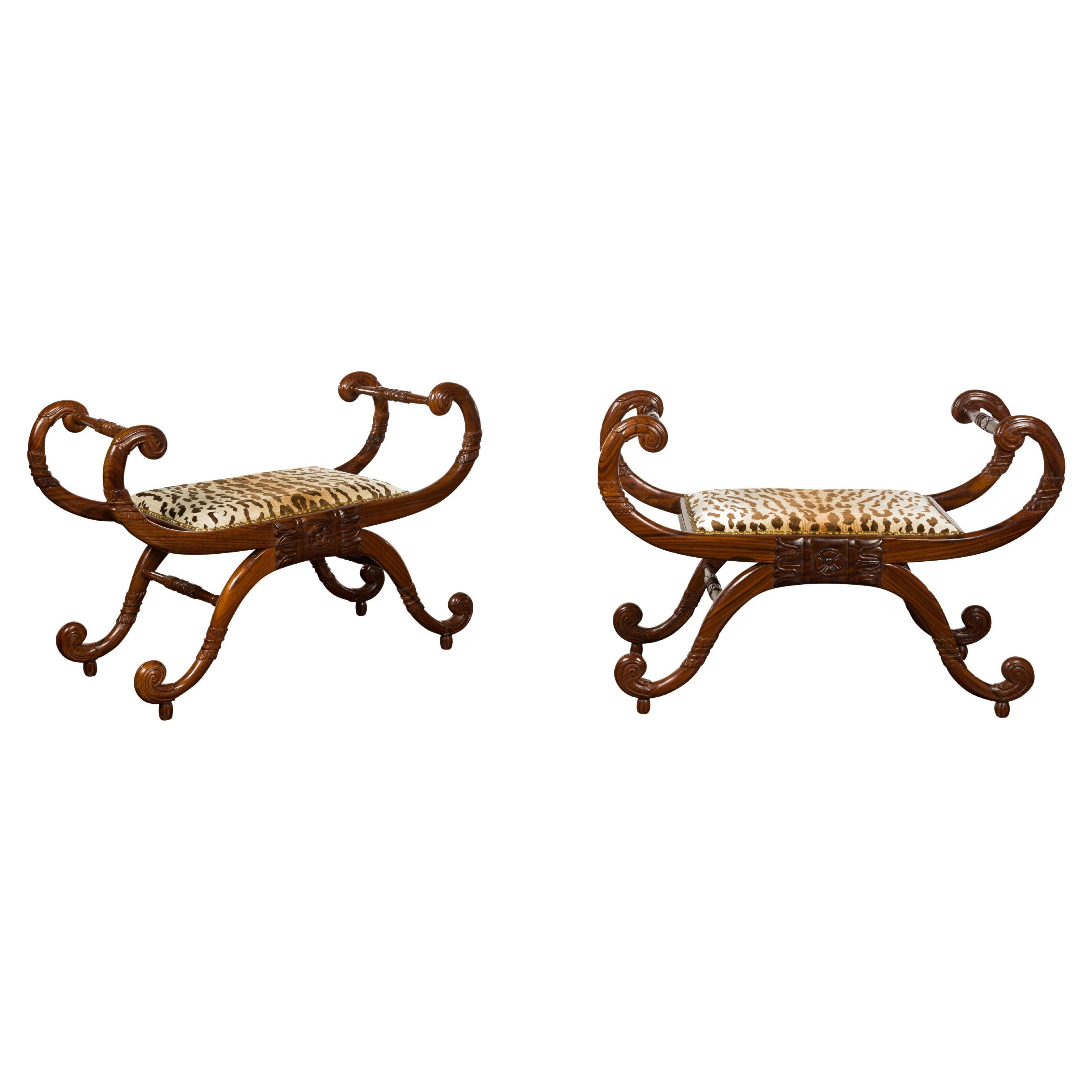 Pair of English Regency Carved Mahogany 19th Century Stools with Scrolling Arms  For Sale