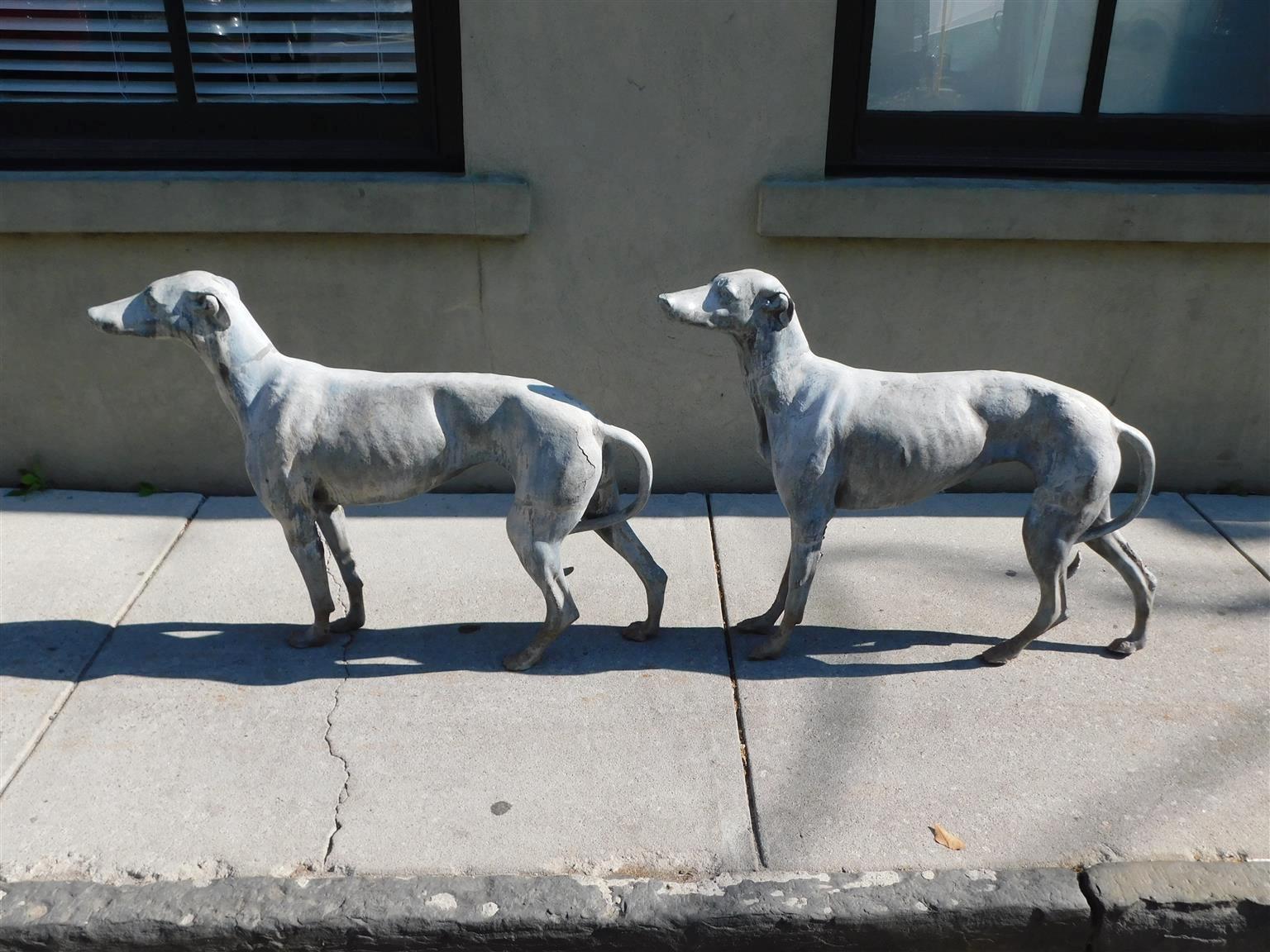 Pair of English Regency Cast Lead Whippet / Greyhound Dogs Garden Figures C 1815 In Good Condition For Sale In Hollywood, SC