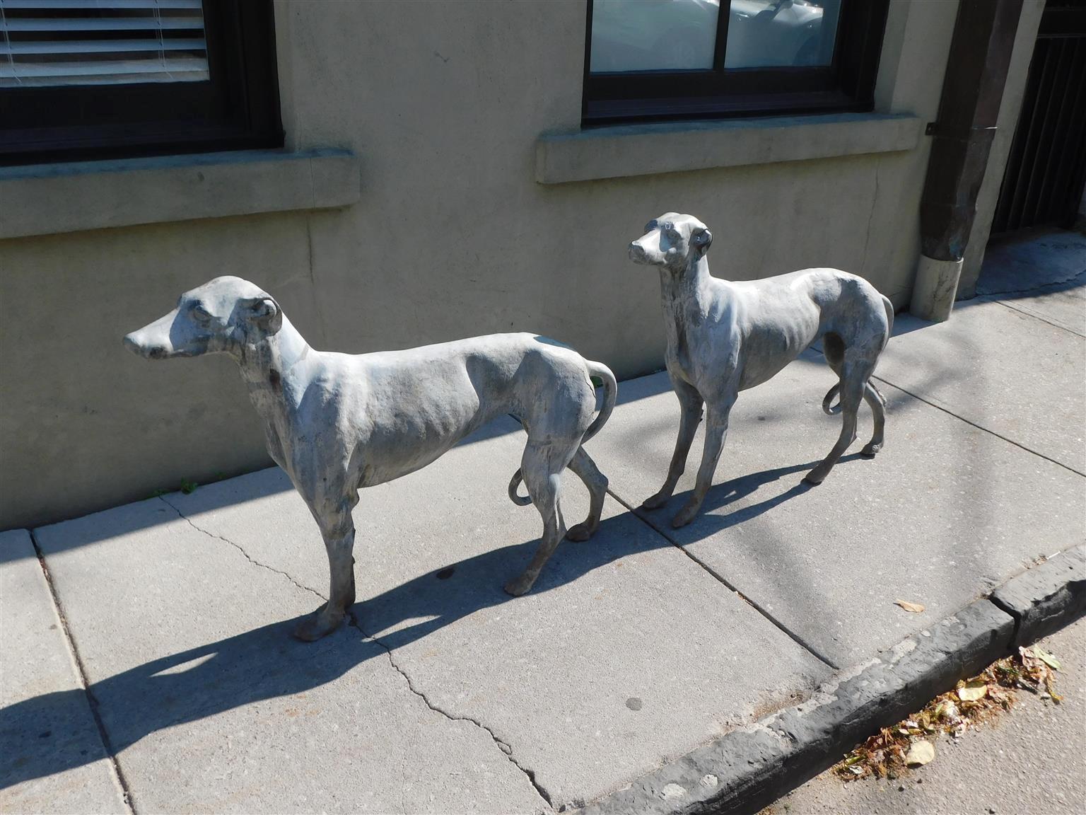 Early 19th Century Pair of English Regency Cast Lead Whippet / Greyhound Dogs Garden Figures C 1815 For Sale