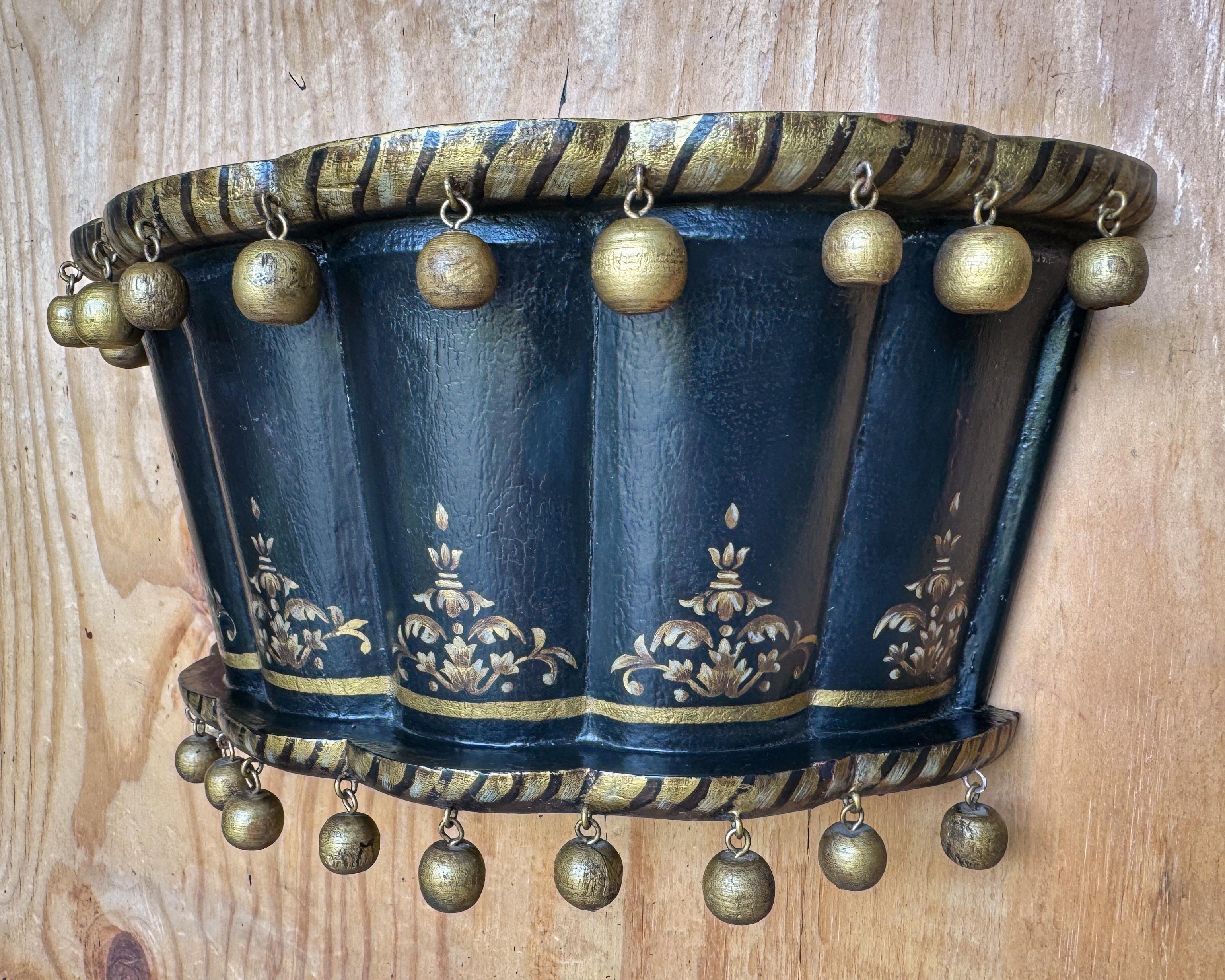 Pair of English Regency Chinoiserie Exotic Wall Brackets with Gilt Orb Tassels For Sale 6