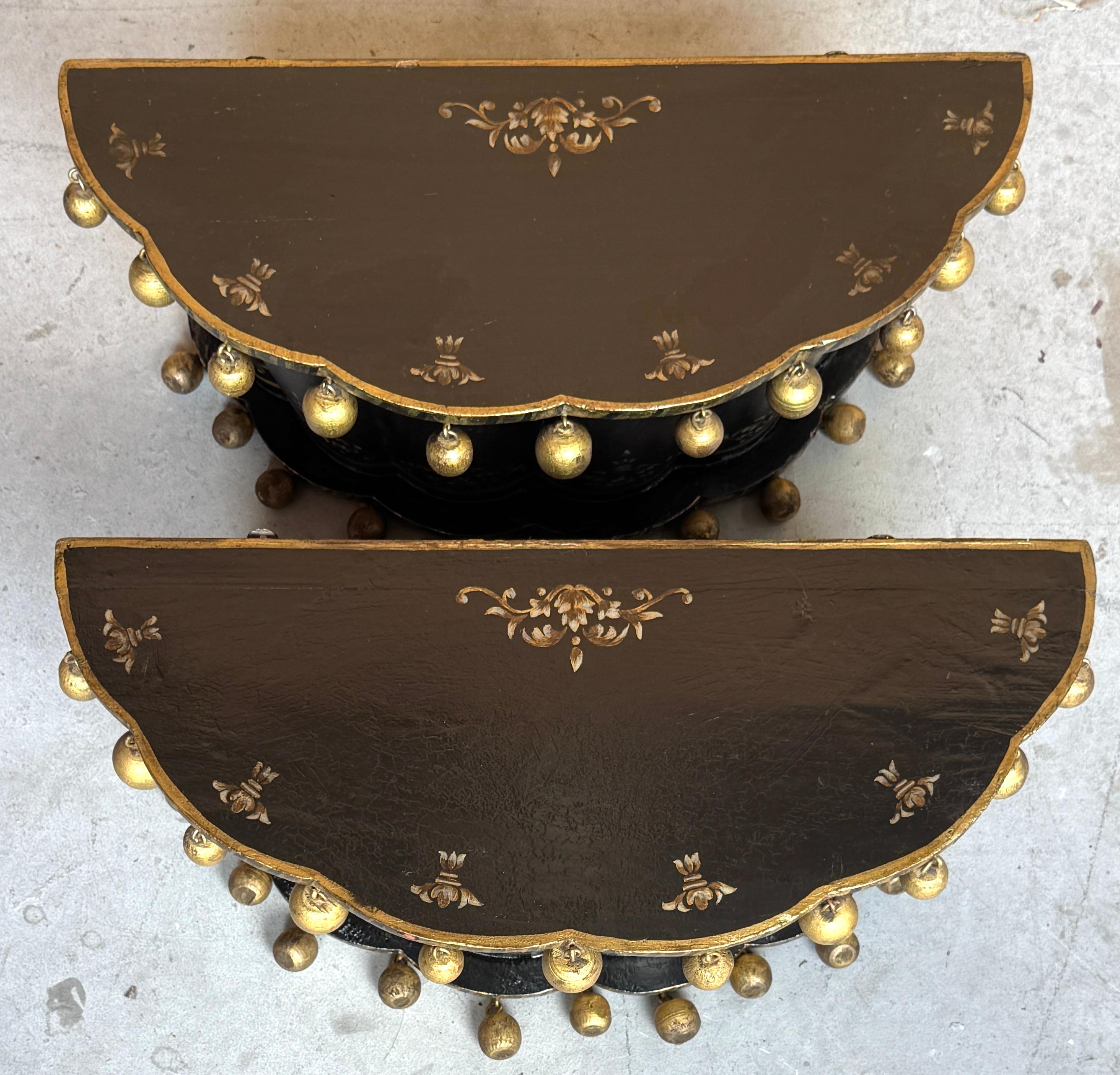 Pair of English Regency Chinoiserie Exotic Wall Brackets with Gilt Orb Tassels For Sale 8