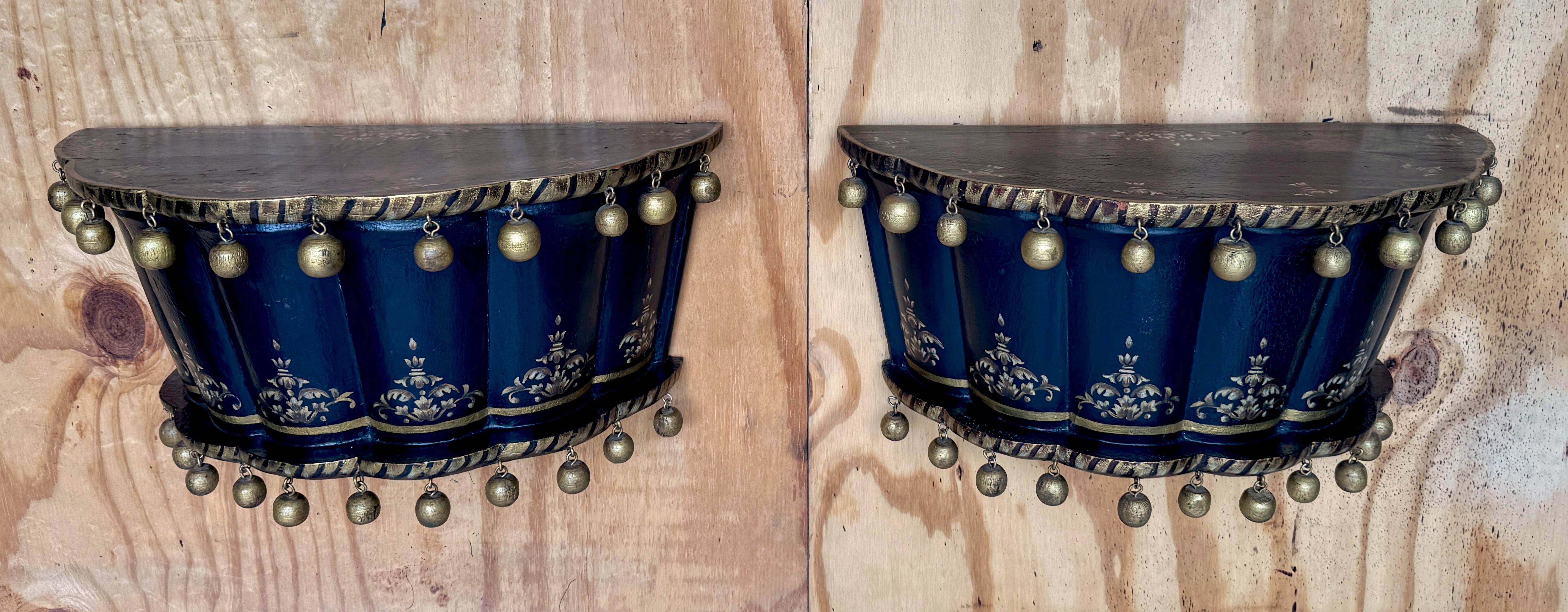 Pair of English Regency Chinoiserie Exotic Wall Brackets with Gilt Orb Tassels 

England 20th Century

This exquisite, large-scale pair of English Regency-style Chinoiserie wall brackets, made in the 20th century, embodies the exotic elegance