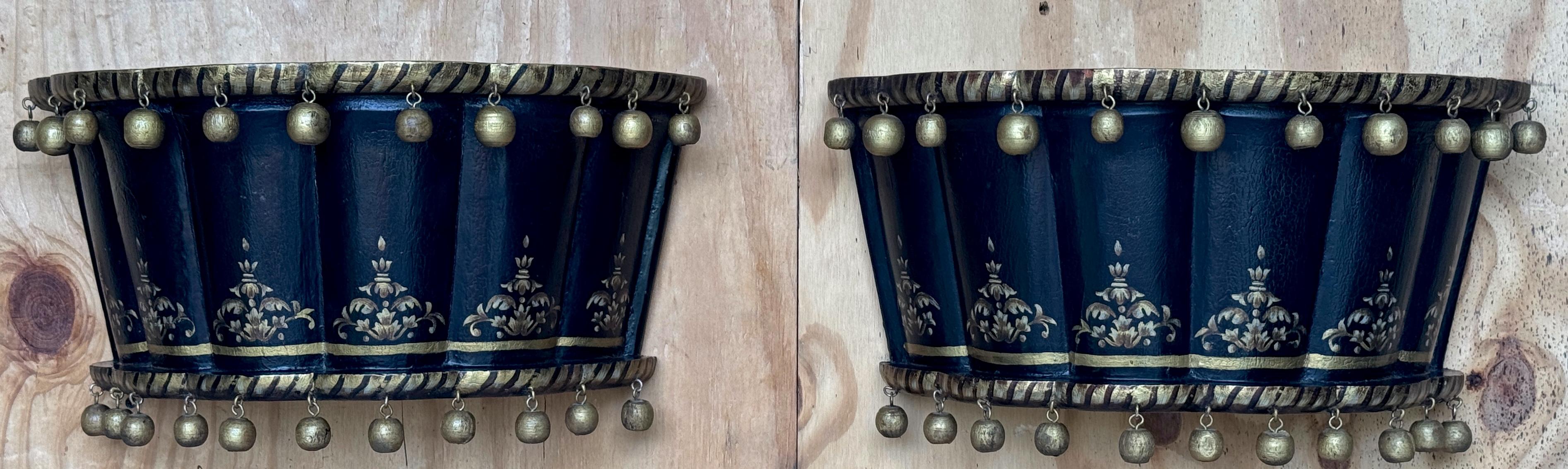 Blackened Pair of English Regency Chinoiserie Exotic Wall Brackets with Gilt Orb Tassels For Sale
