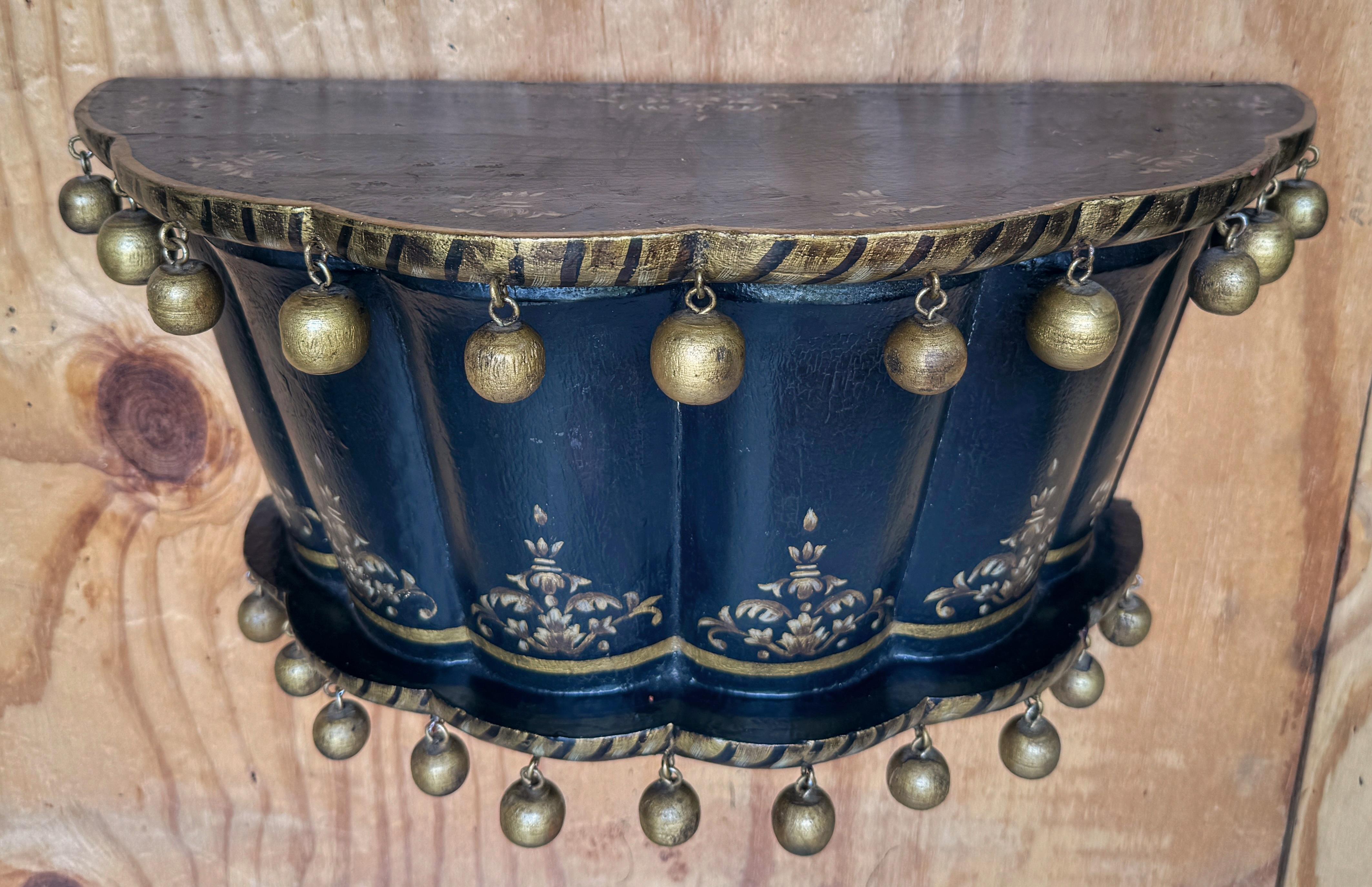 Metal Pair of English Regency Chinoiserie Exotic Wall Brackets with Gilt Orb Tassels For Sale