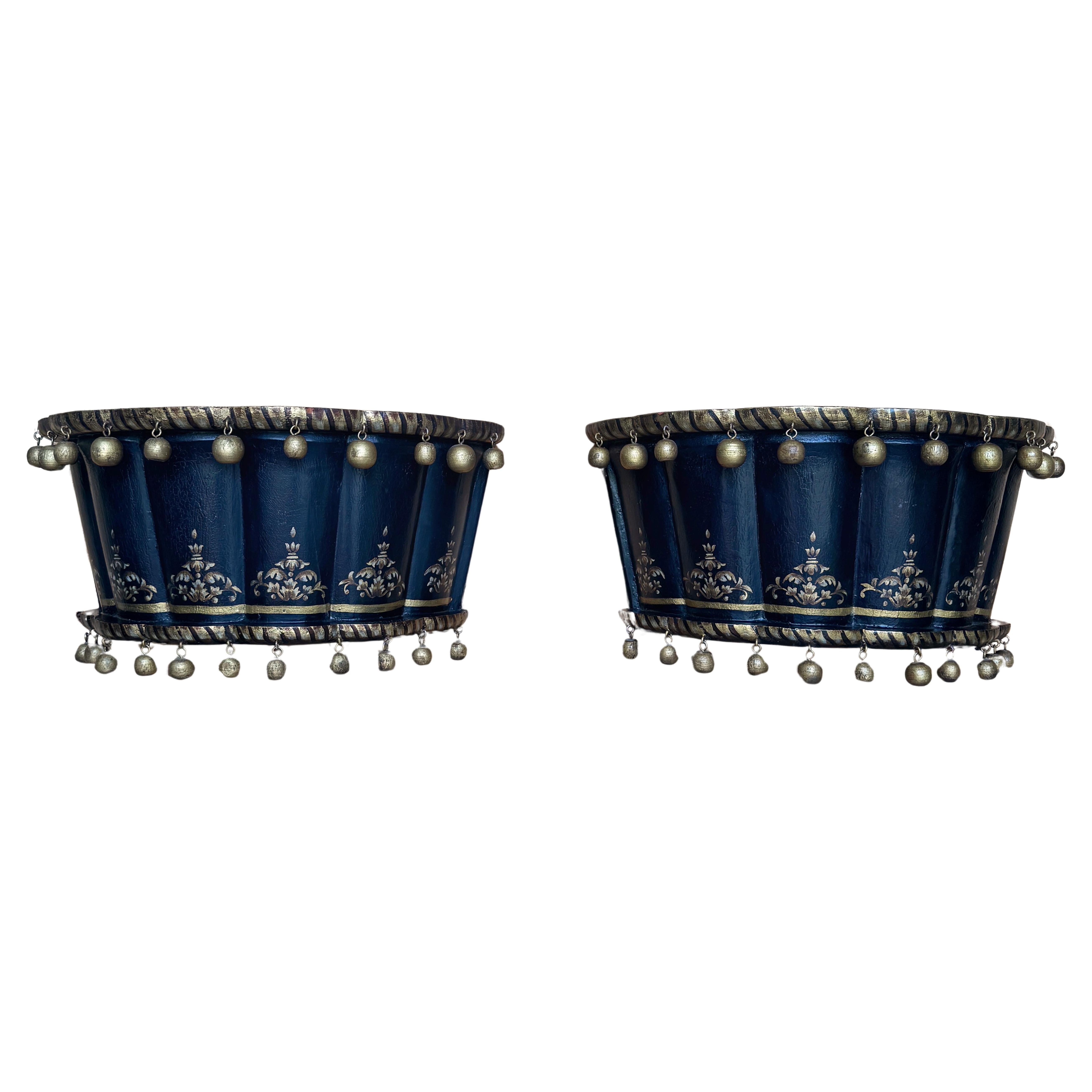 Pair of English Regency Chinoiserie Exotic Wall Brackets with Gilt Orb Tassels