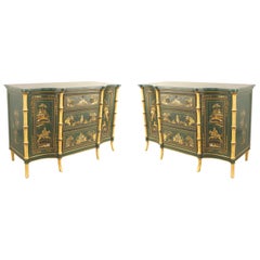 Pair of English Regency Chinoiserie Faux Bamboo and Green Marble Commodes