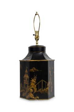 Pair of English Regency Chinoiserie Style Black And Gold Hexagonal Table Lamps