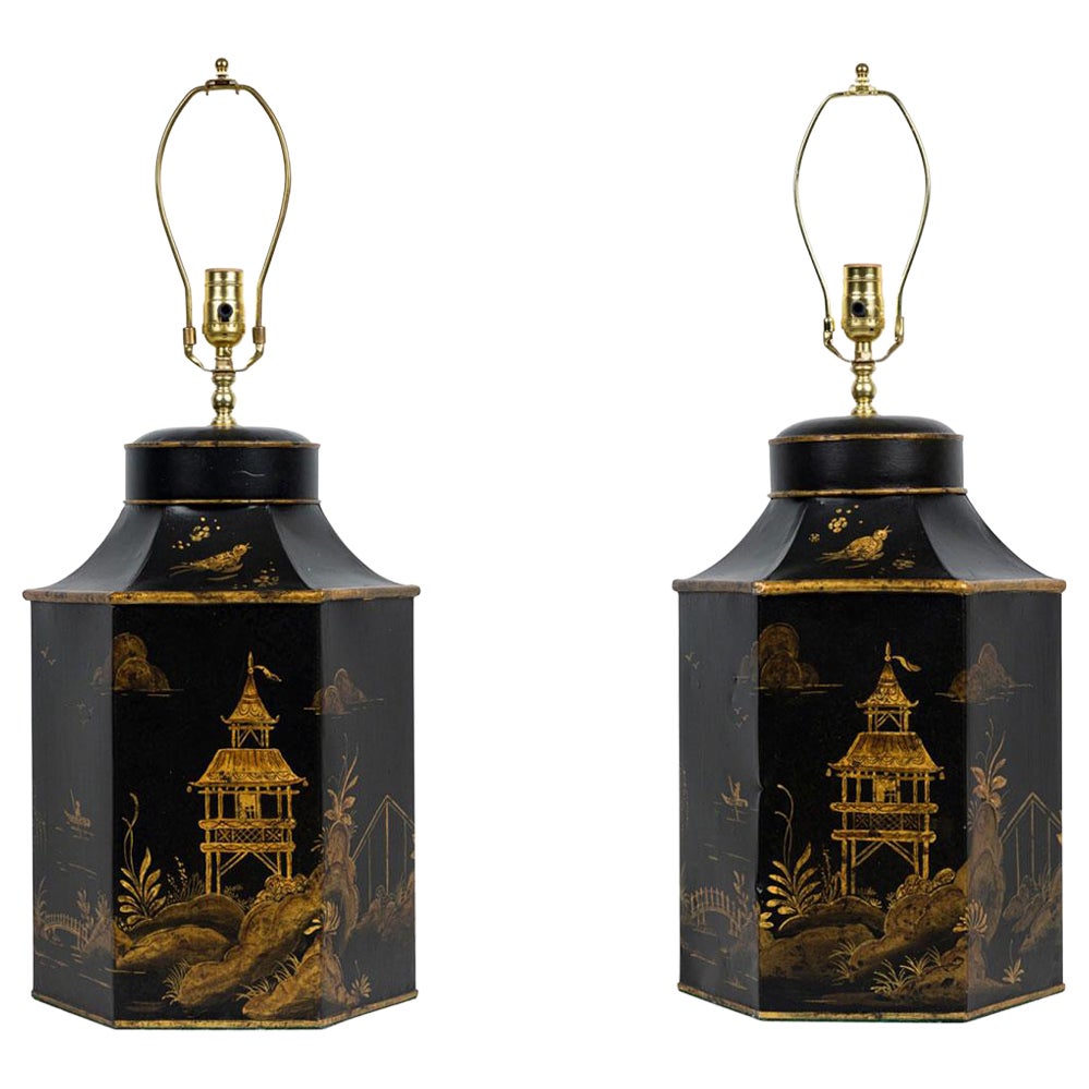 Pair of English Regency Chinoiserie Style Black And Gold Hexagonal Table Lamps For Sale